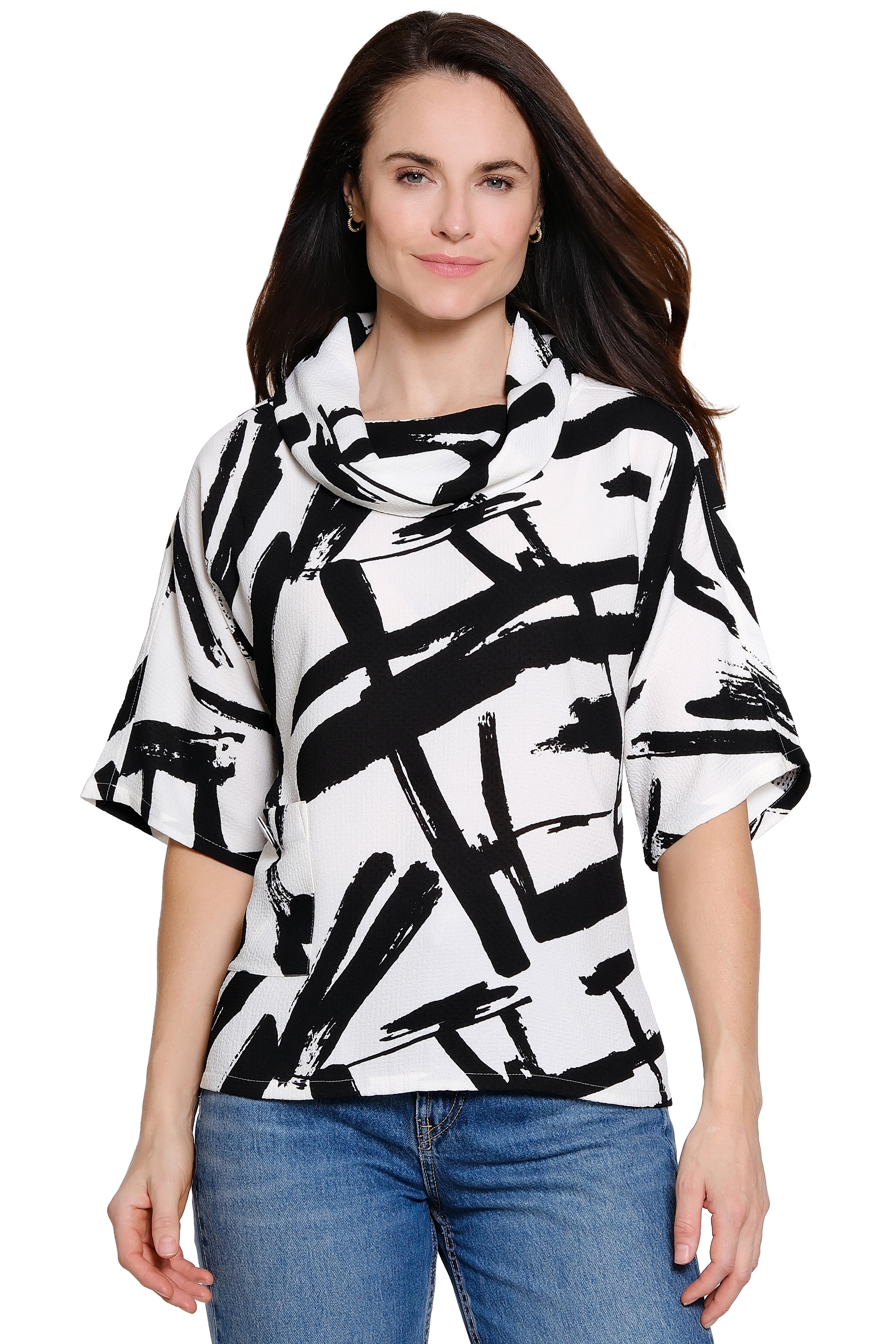Woven Pop-Over Cowl Neck Top - Black/White