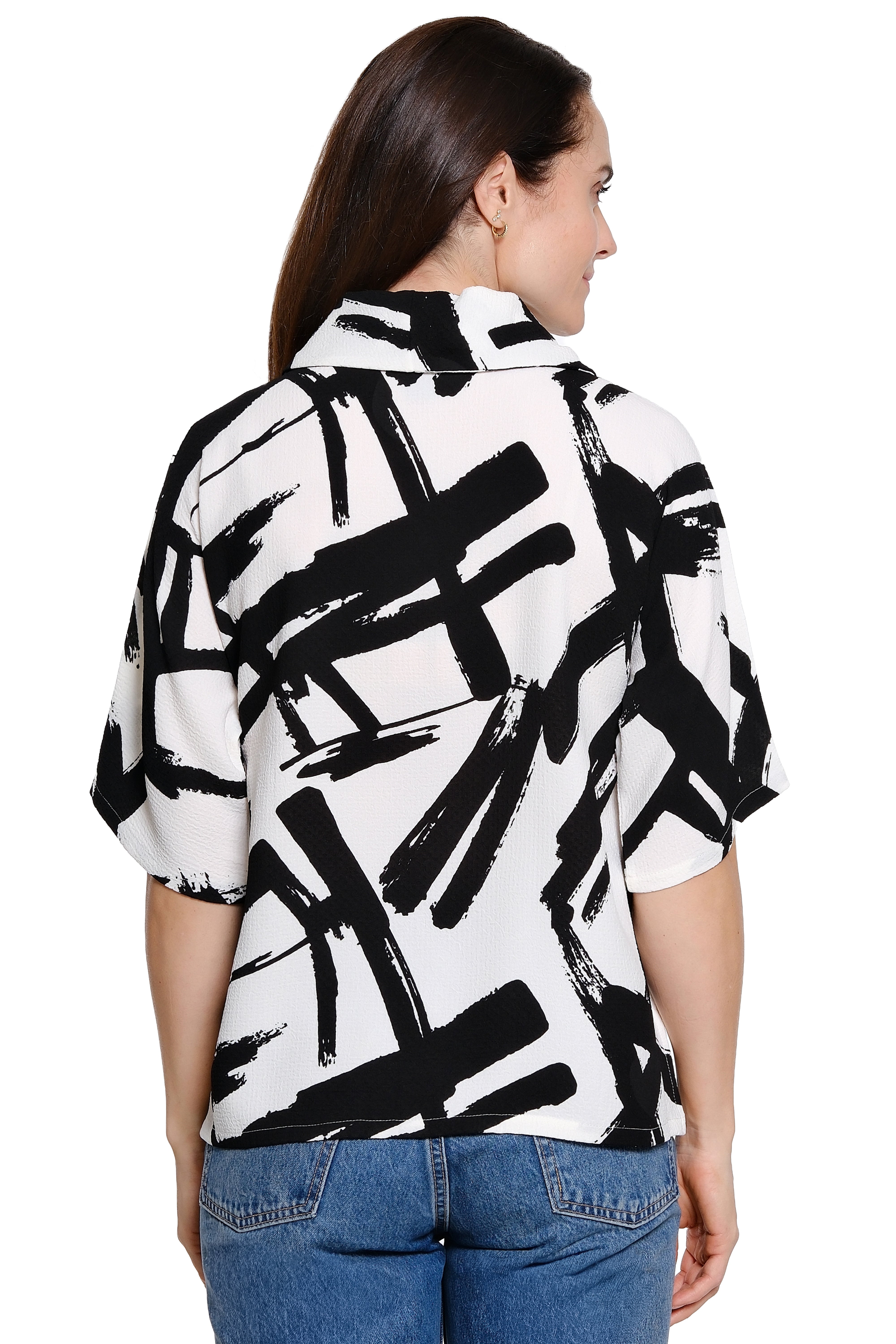 Woven Pop-Over Cowl Neck Top - Black/White