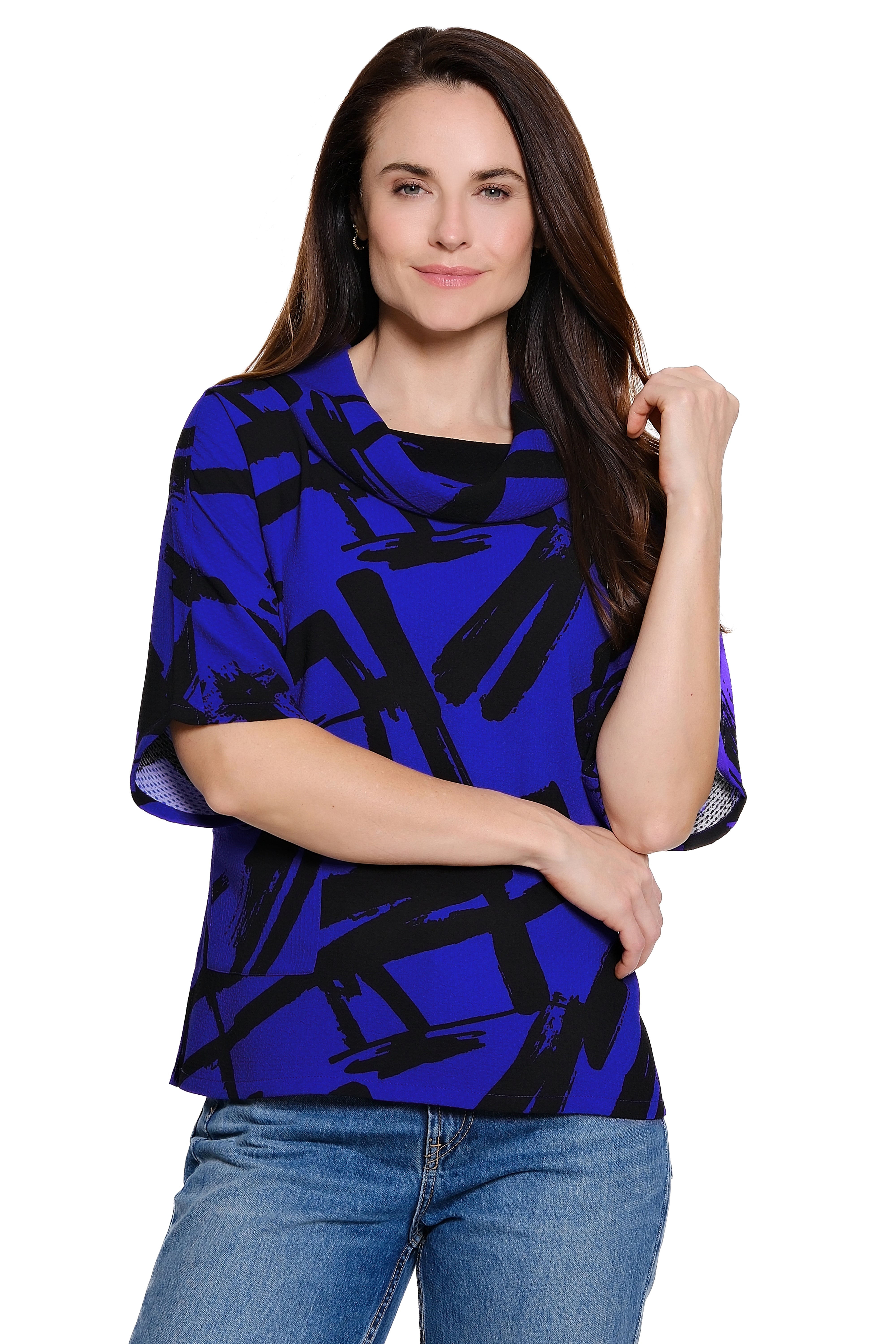 Woven Pop-Over Cowl Neck Top - Electric Blue