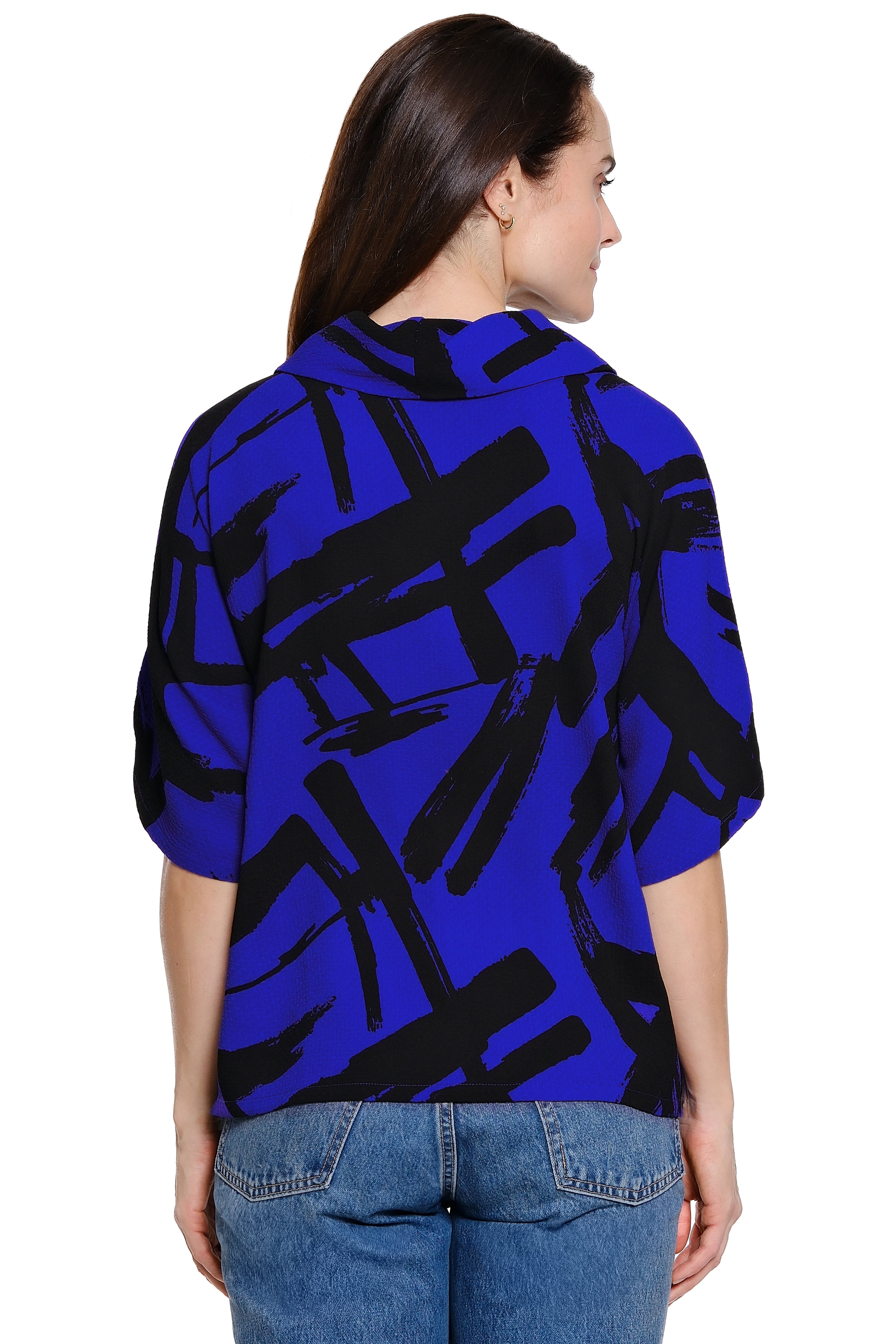 Woven Pop-Over Cowl Neck Top - Electric Blue