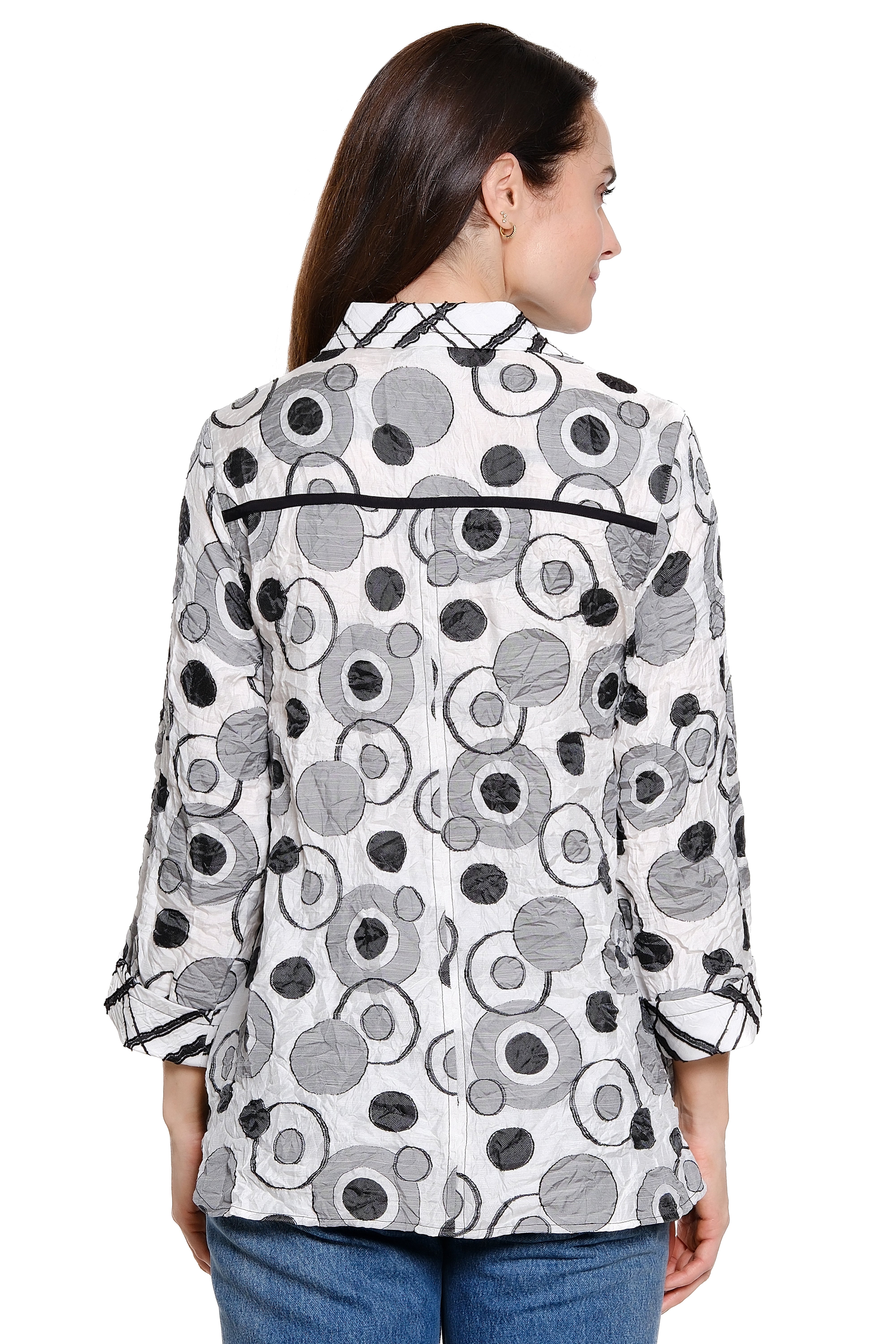 Woven Jacquard Button Front 3/4 Cuff Sleeve Top - Black/White