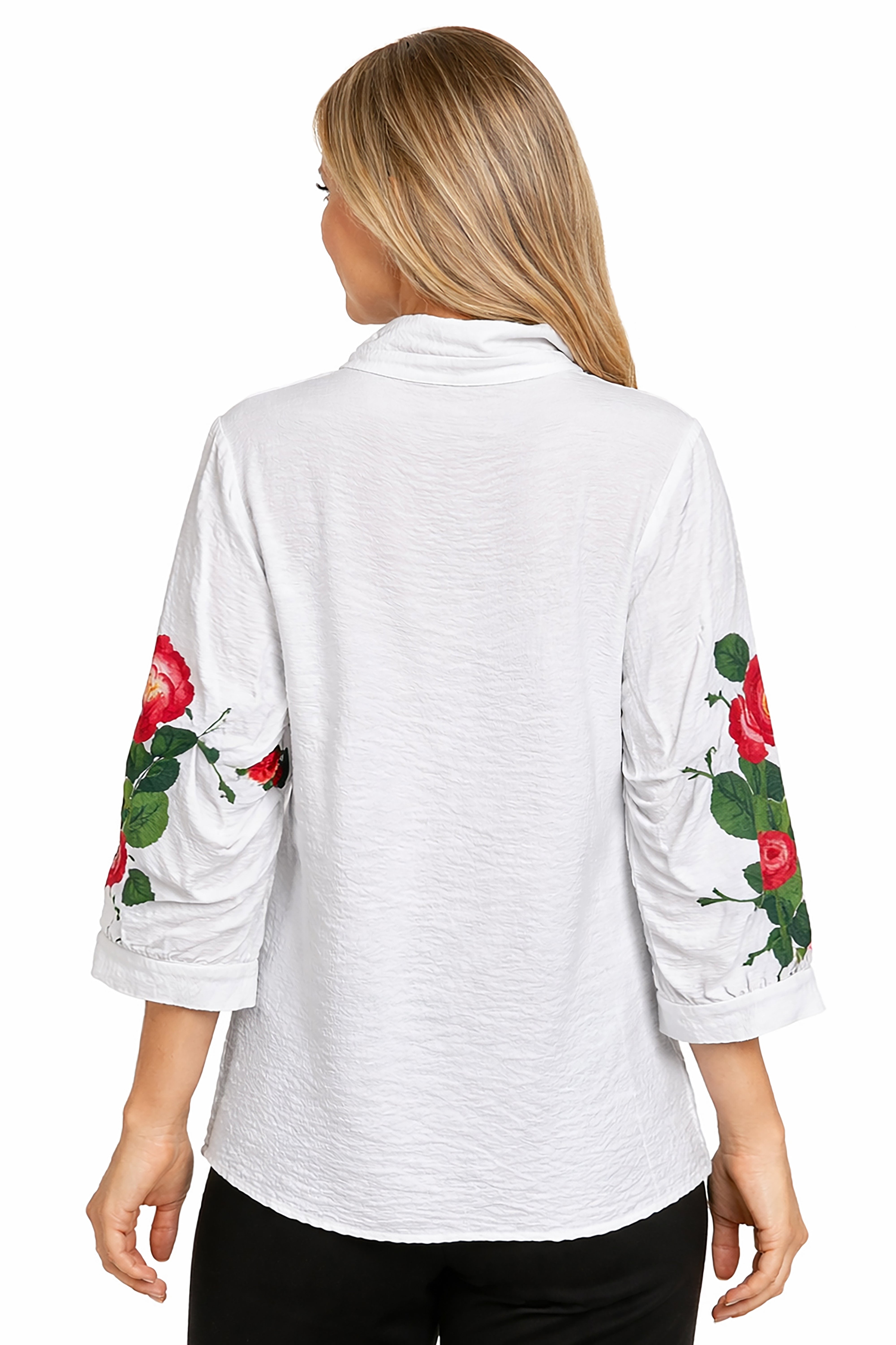 Woven Pop-Over Point Collar 3/4 Cinch Sleeve Top - White