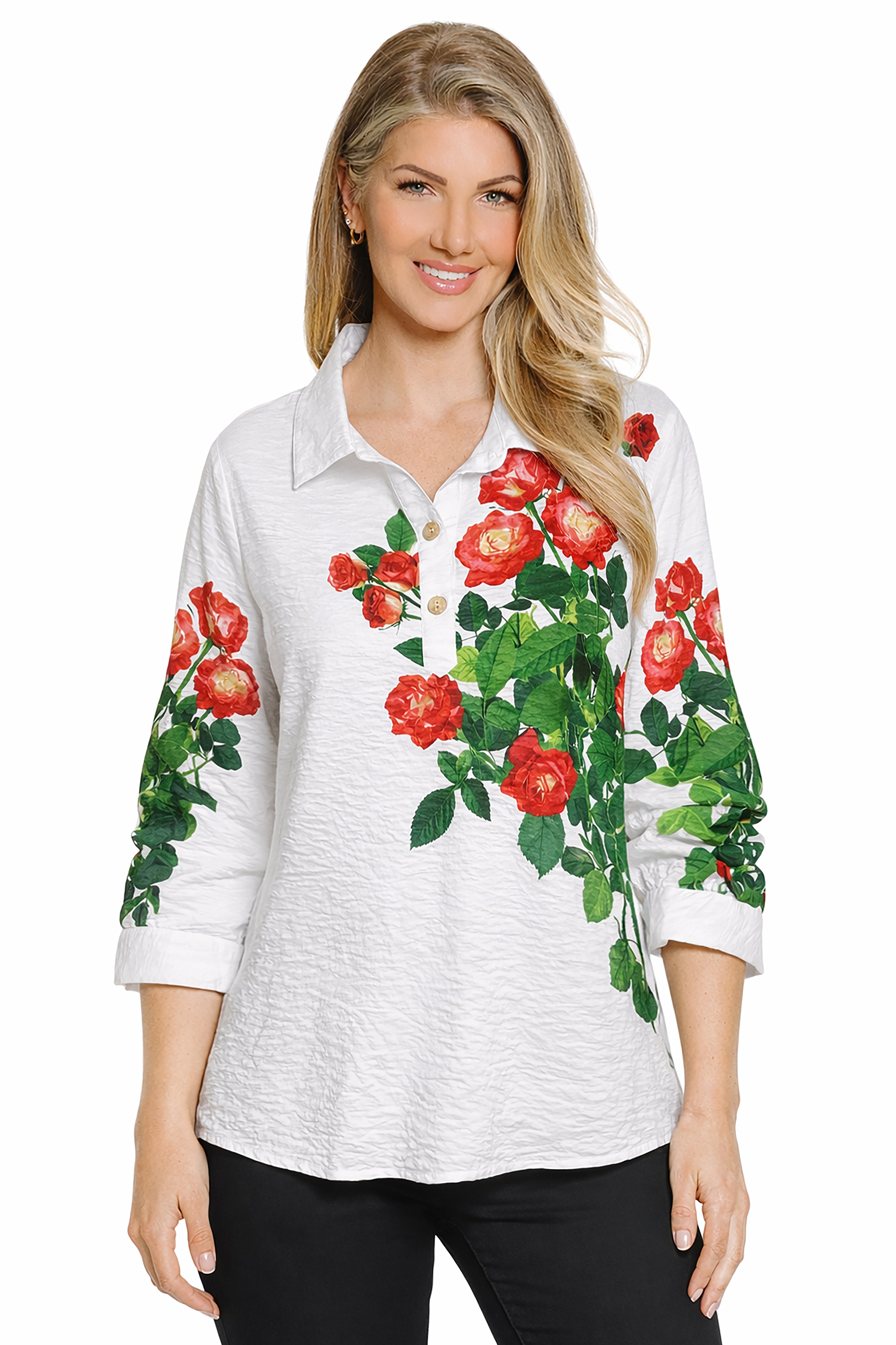 Woven Pop-Over Point Collar 3/4 Cinch Sleeve Top - White