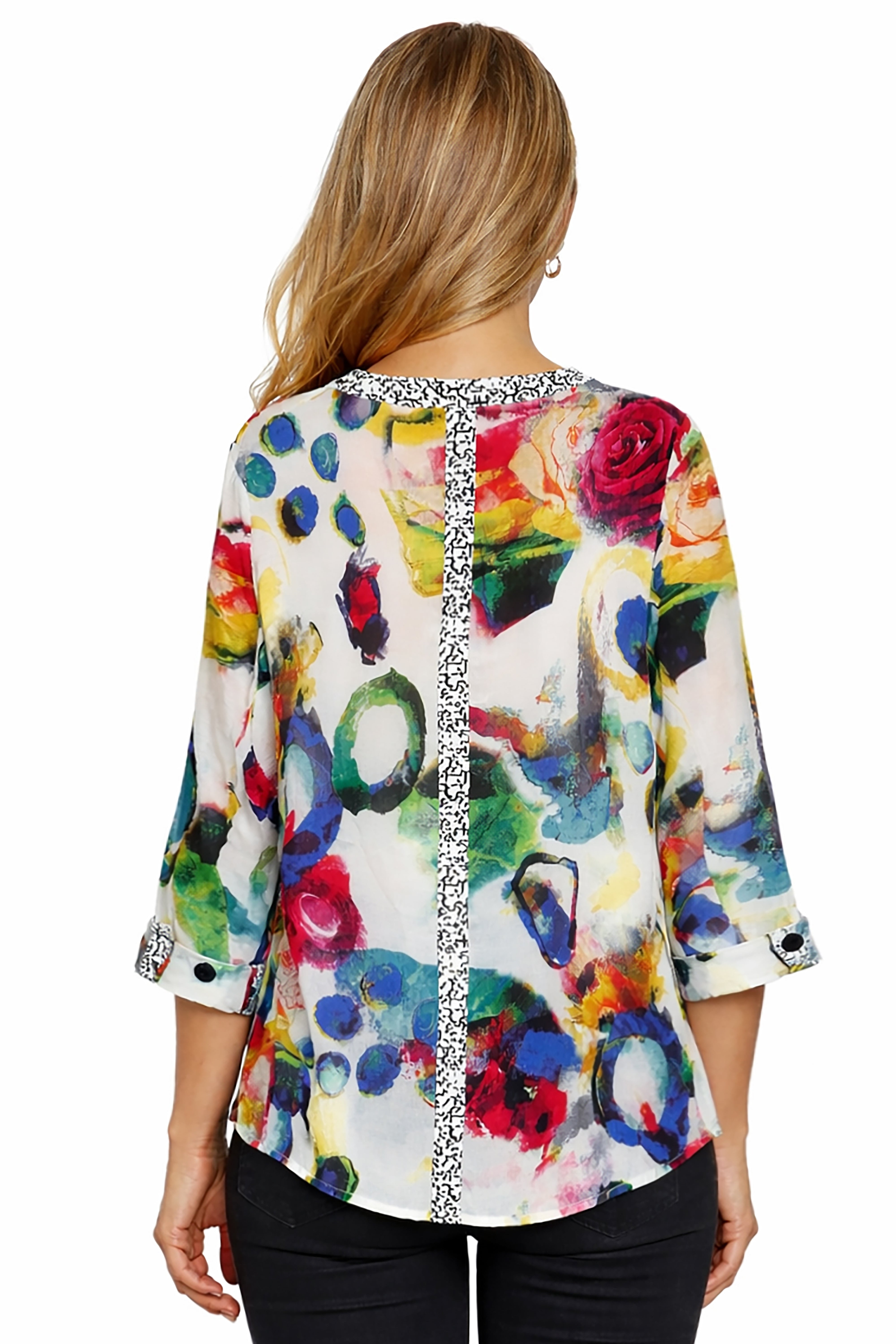 Woven Button-Up Round Neck 3/4 Cuff Sleeve Top - Multi