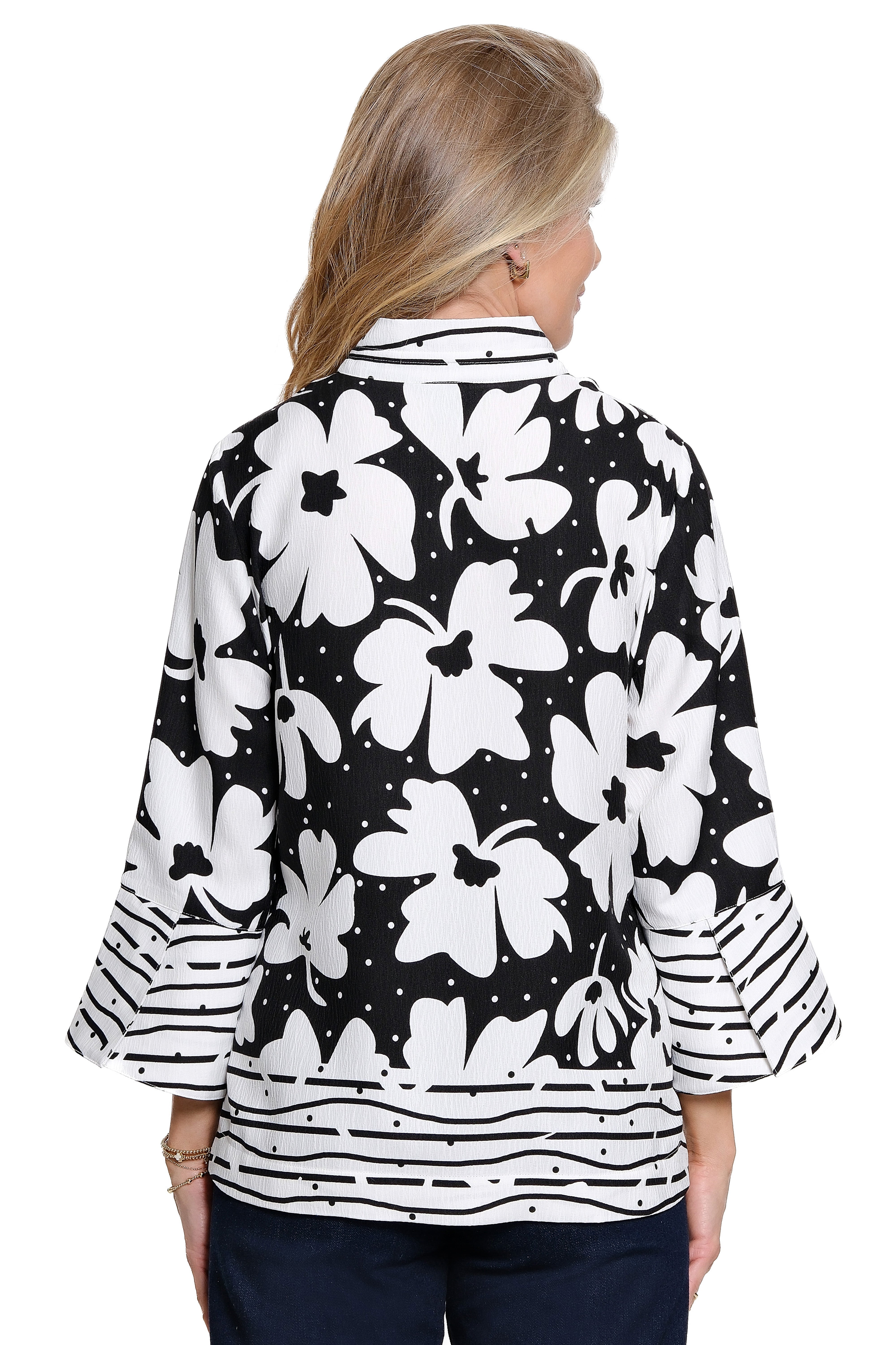 Woven Button Front Jacket Wire Collar 3/4 Bell Sleeve - Black/White