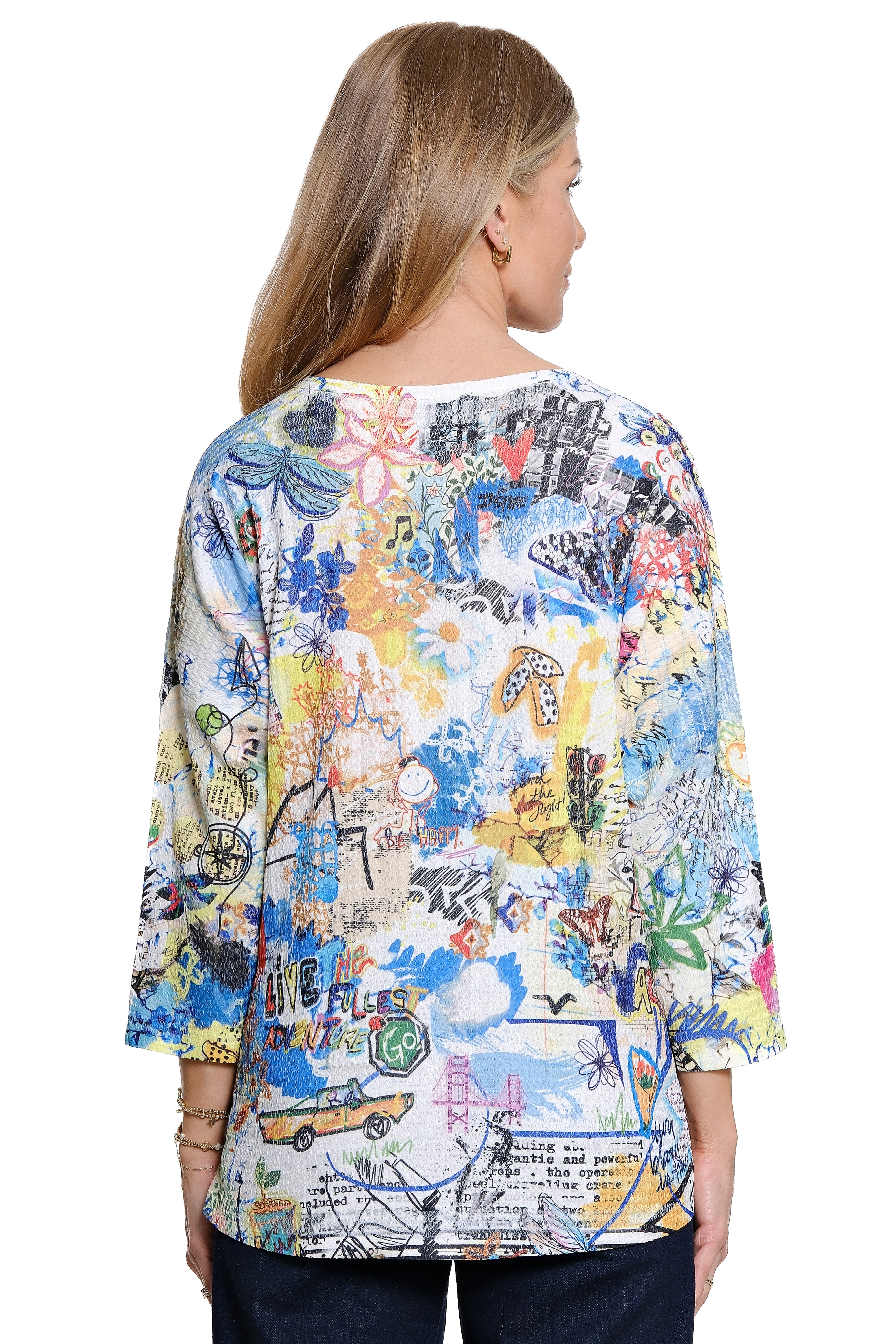 Knit Pop-Over Round Neck 3/4 Sleeve Top - Multi