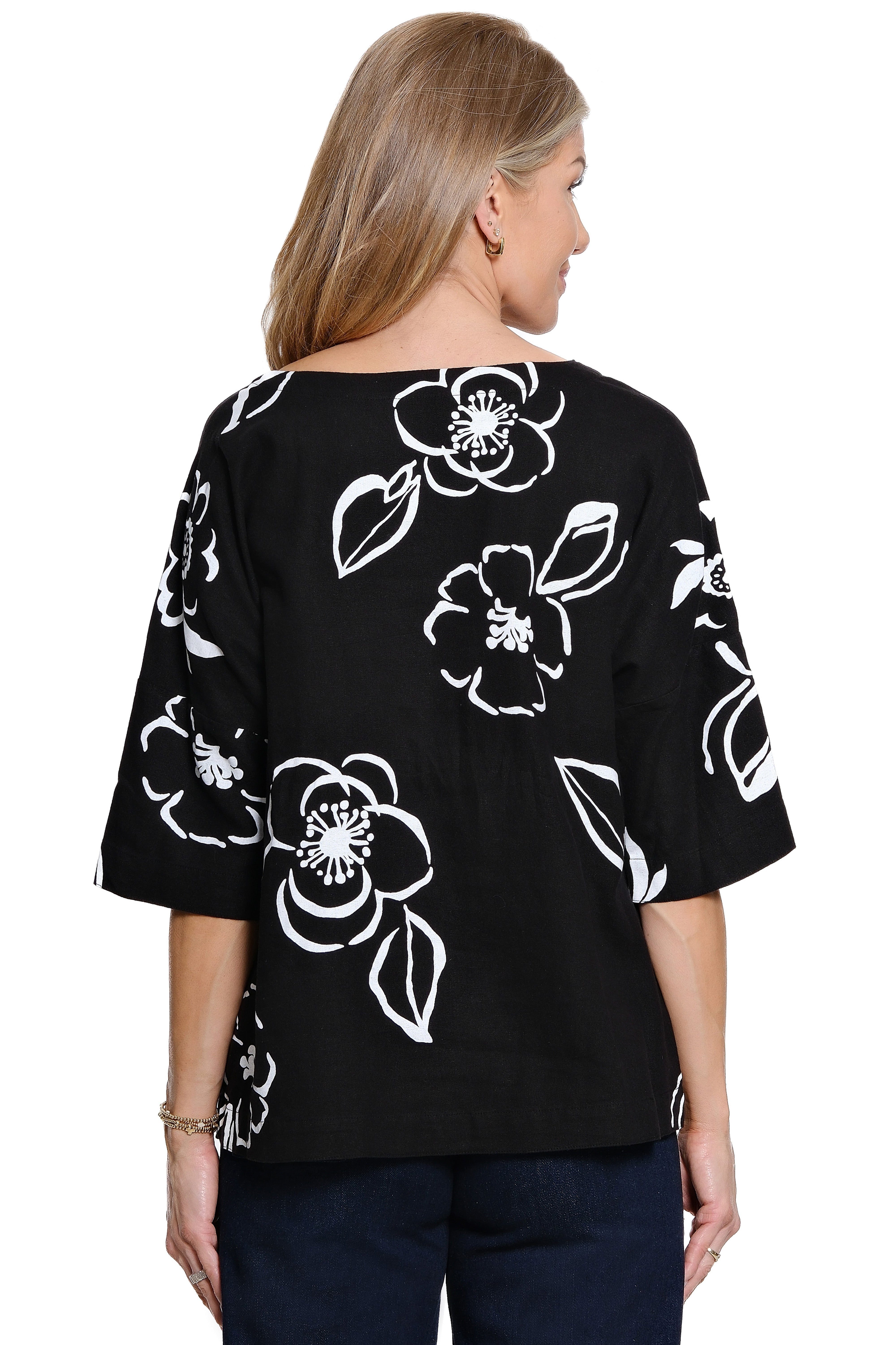 Woven Pop-Over Side V-Neck Elbow Sleeve Top - Black/White