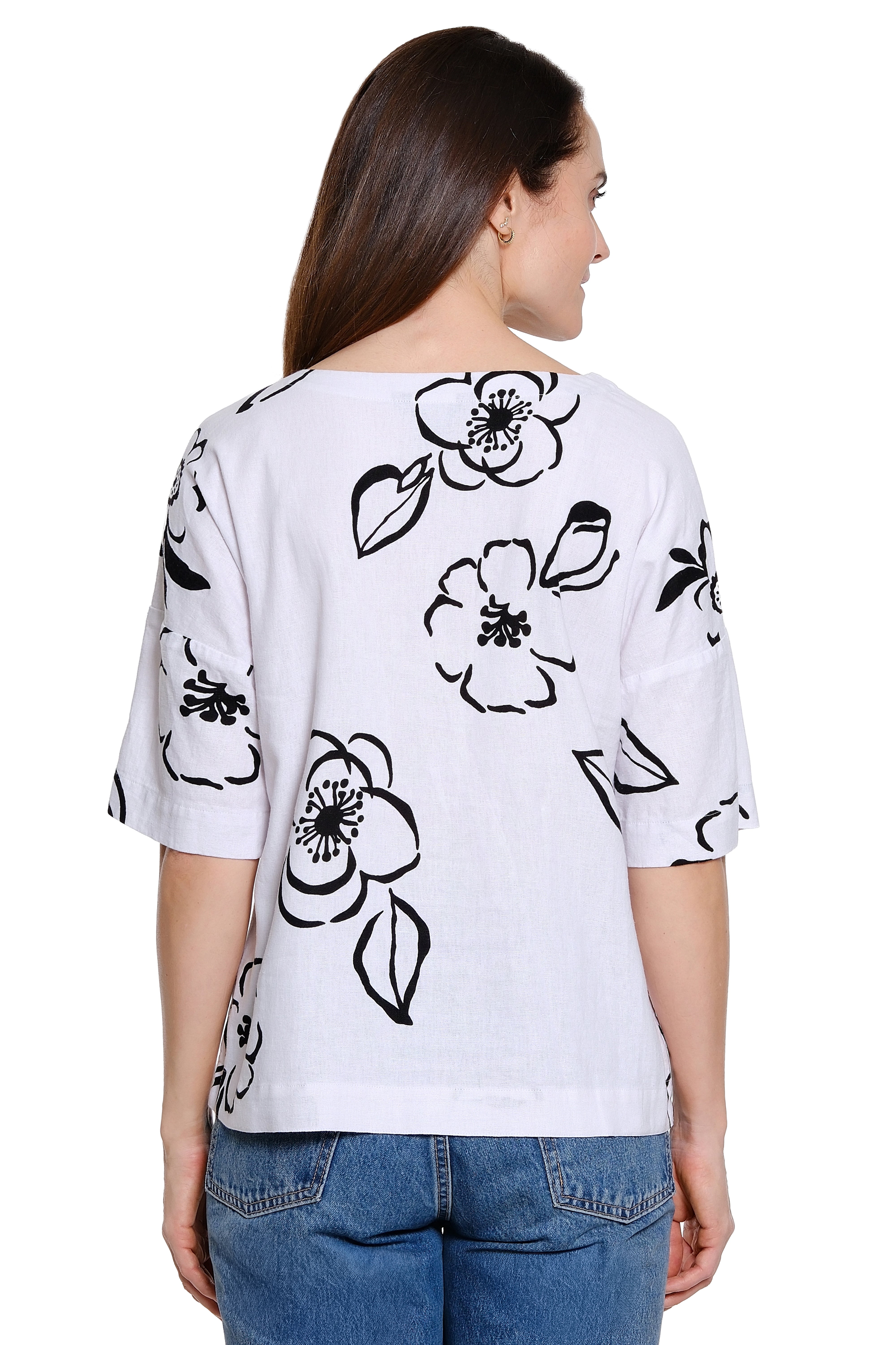 Woven Pop-Over Side V-Neck Elbow Sleeve Top - Floral Multi