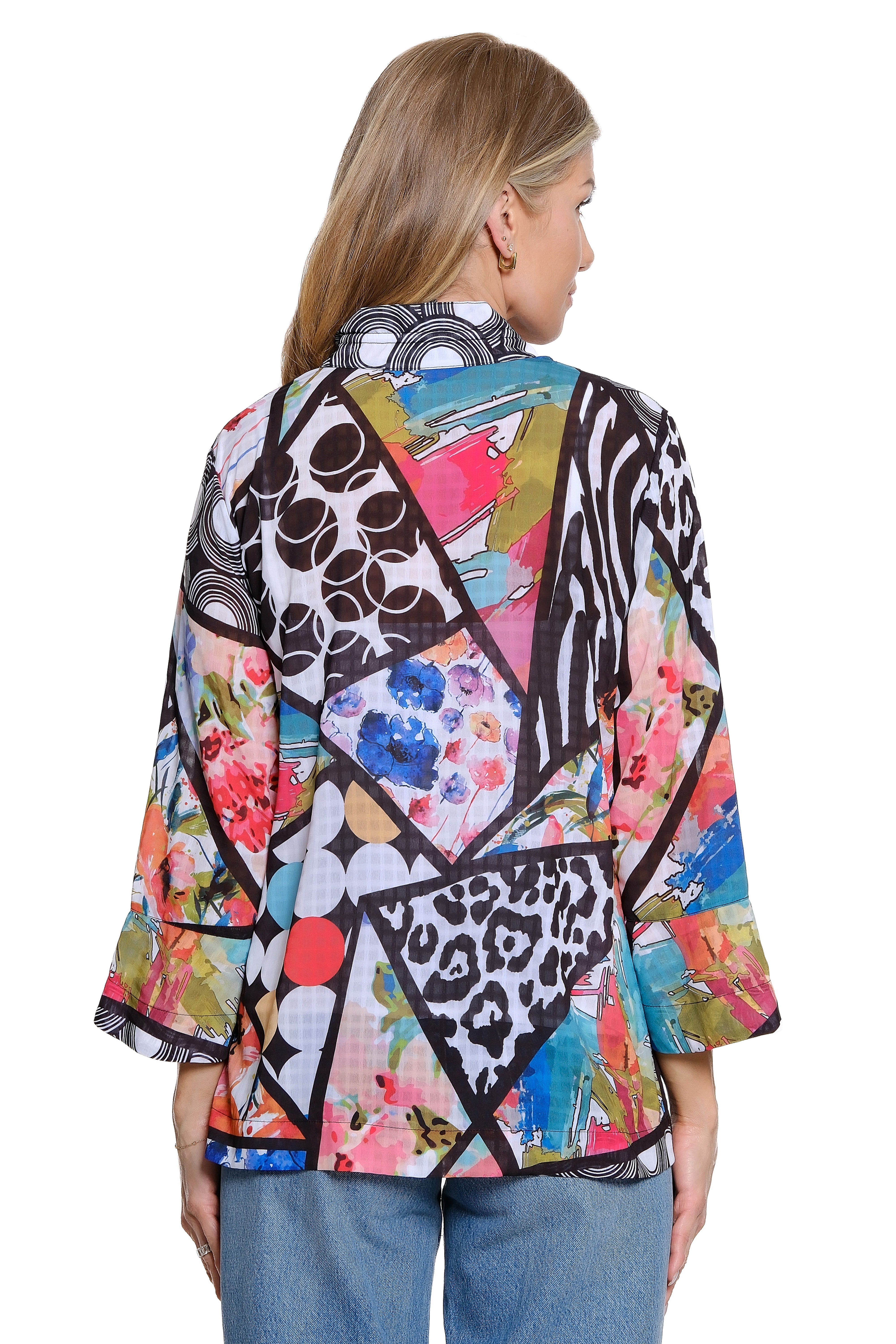 Woven Button Front Jacket Wire Neck 3/4 Sleeve - Multi