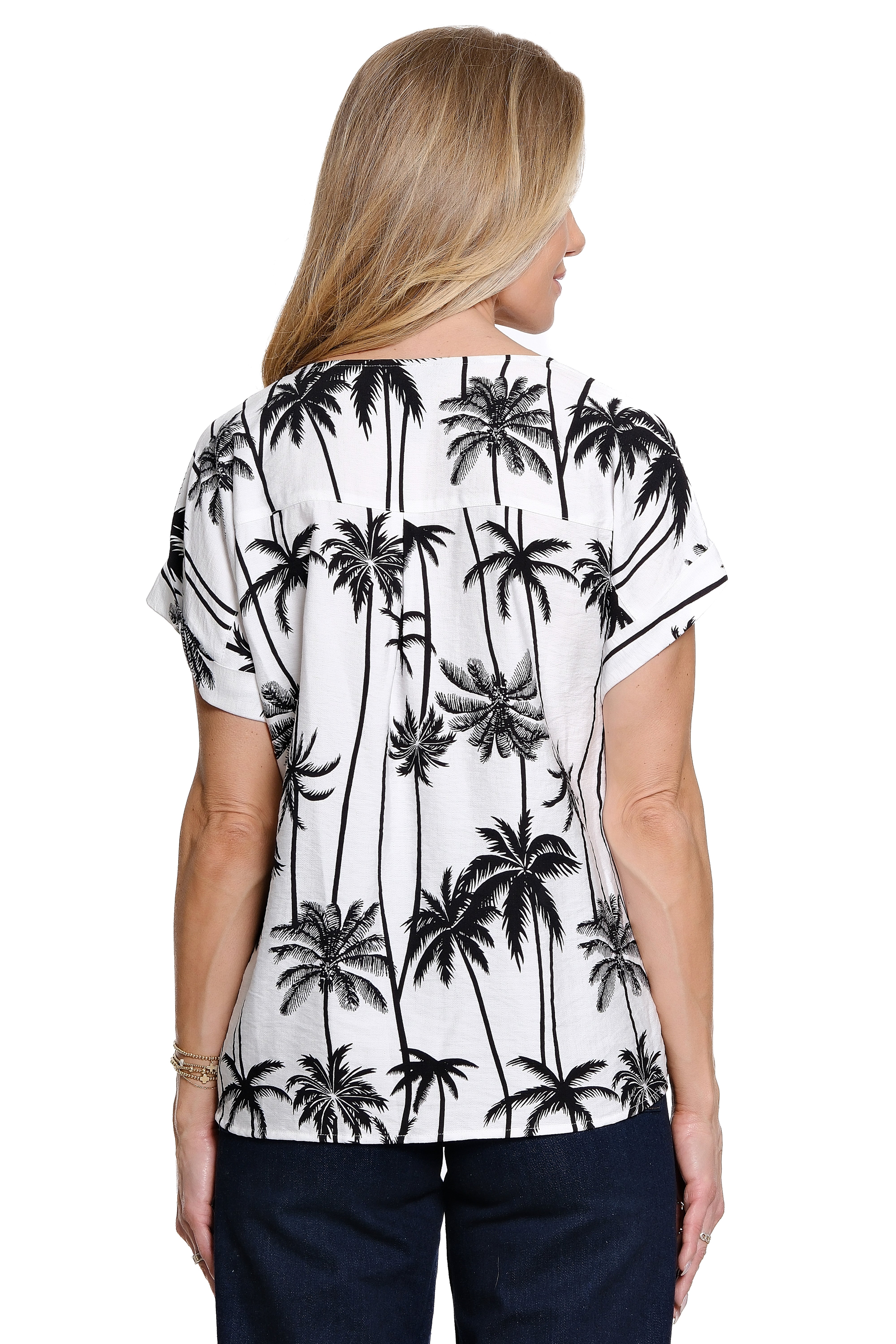 Woven Pop-Over Split Neck Dolman Short Sleeve Top - Black Print