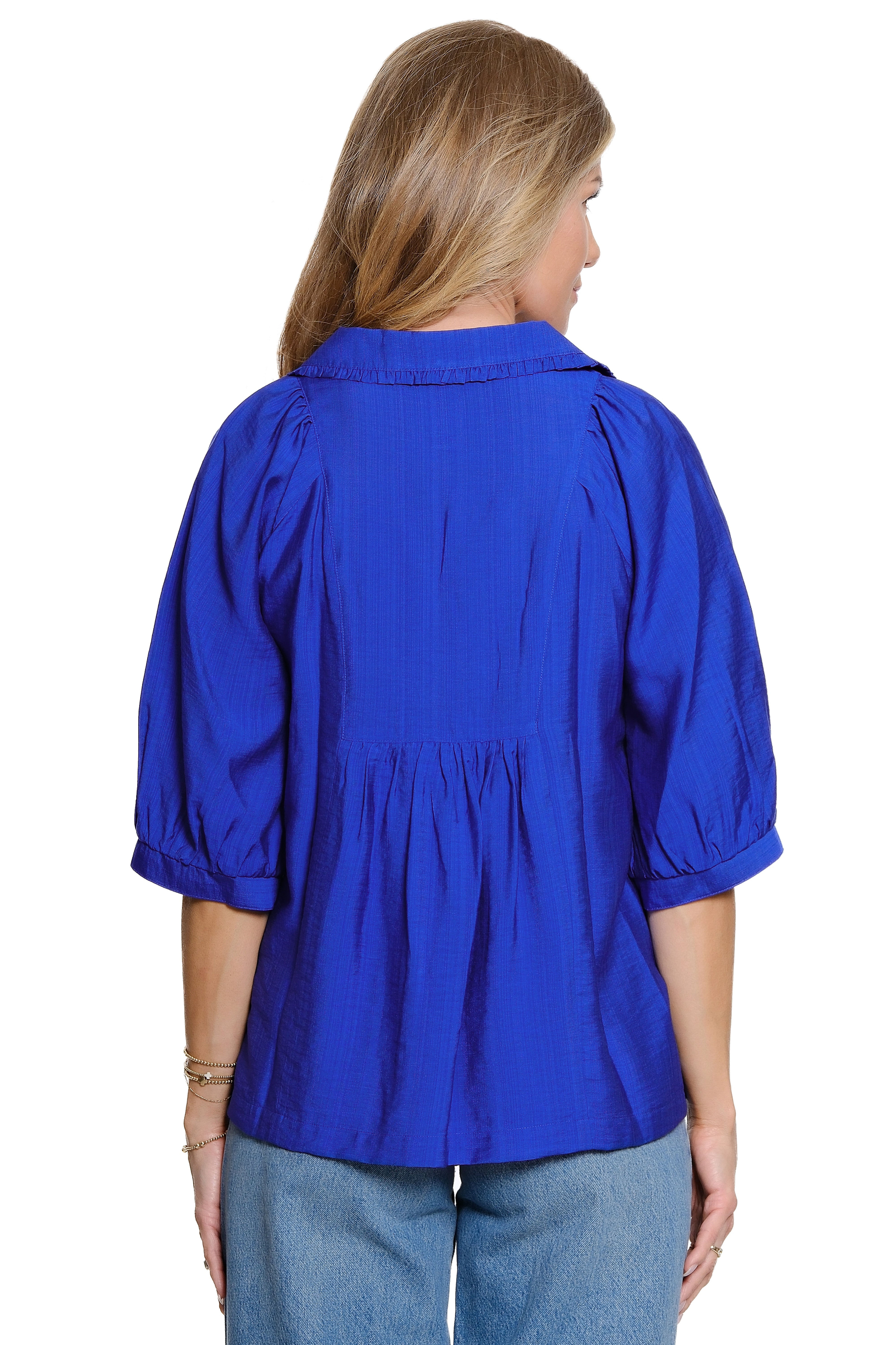 Woven Pop-Over Point Collar Split Neck Raglan Elbow Sleeve Top - Electric Blue