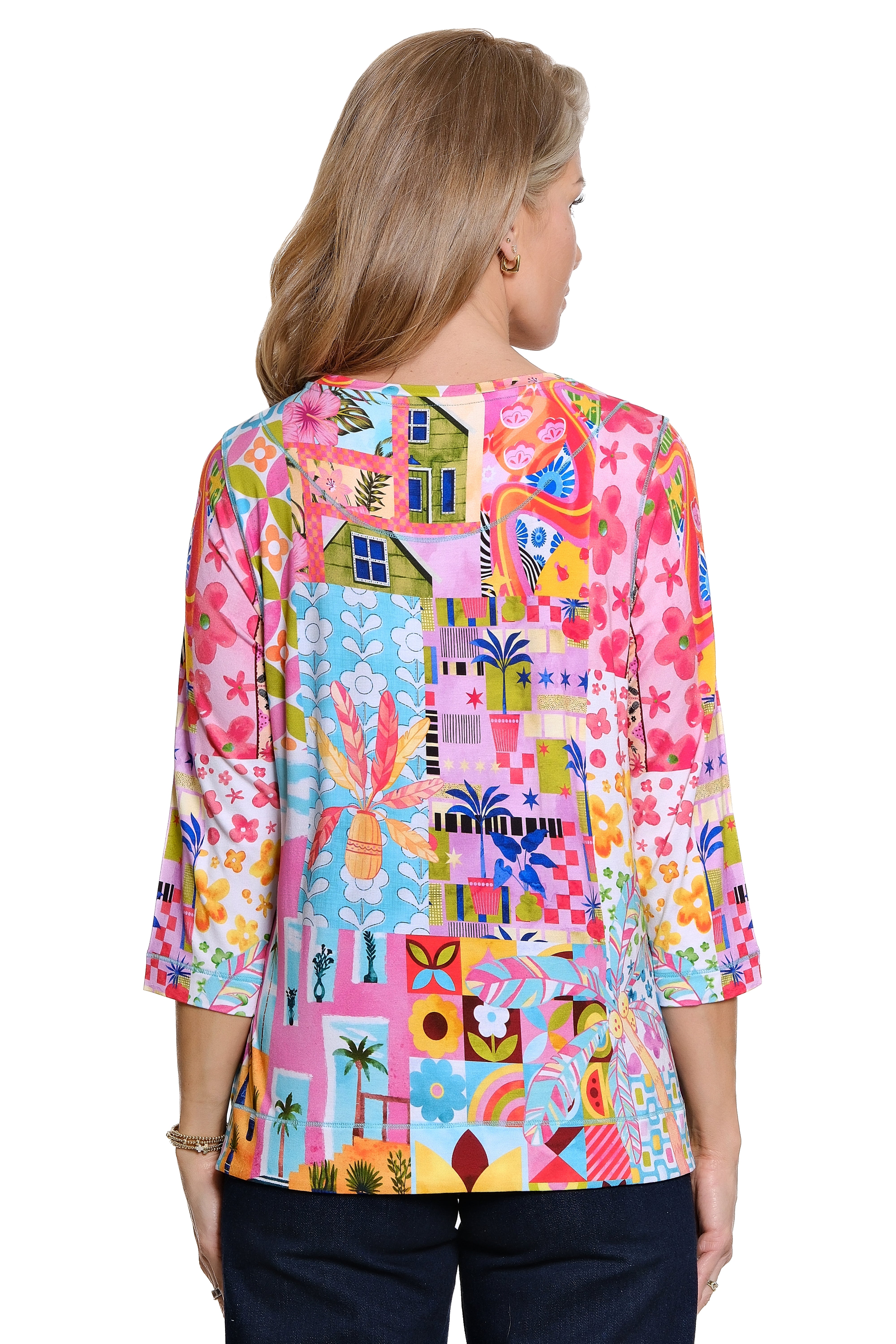 Knit Pop-Over Tunic with Button Detail - Pink Print