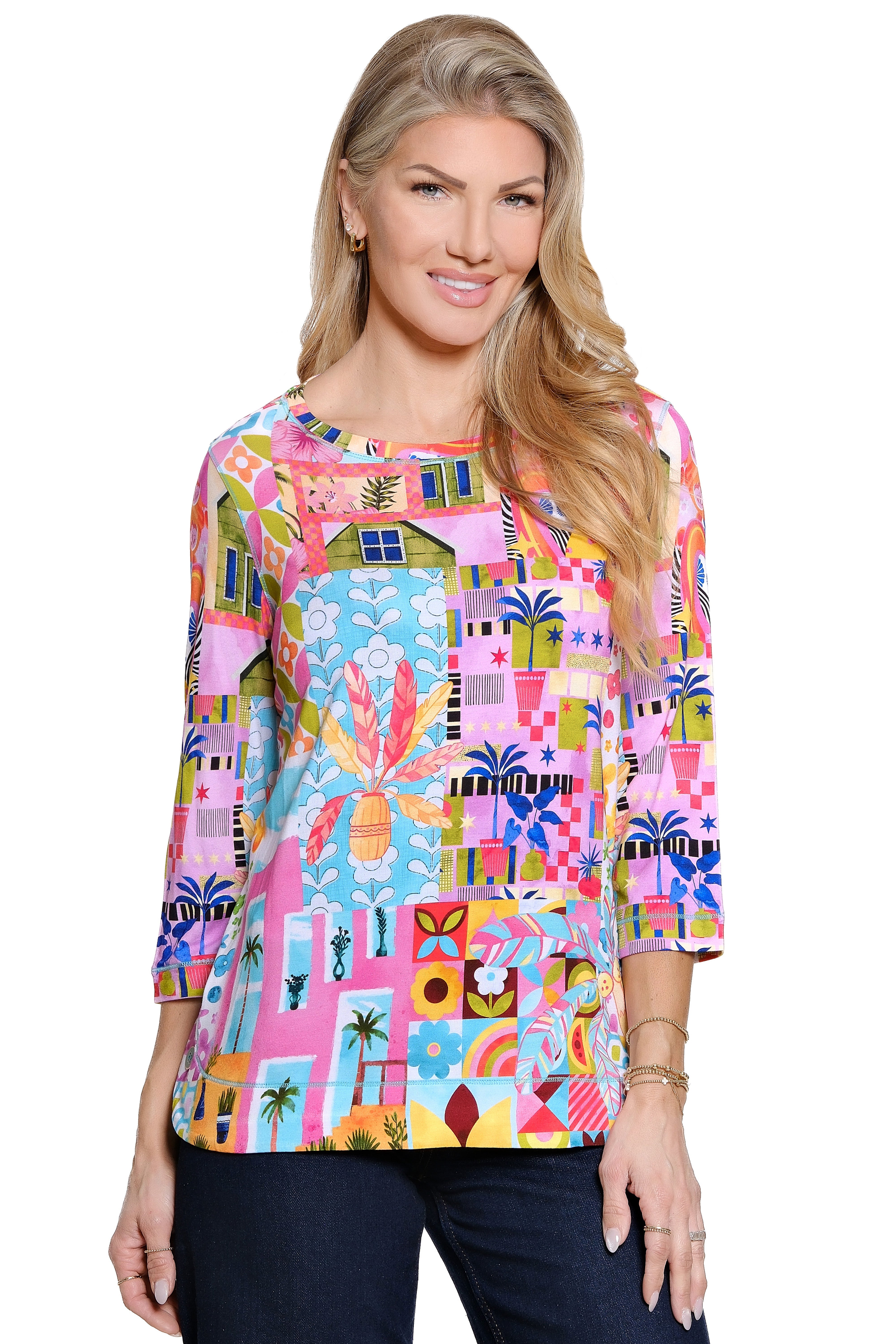 Knit Pop-Over Tunic with Button Detail - Pink Print