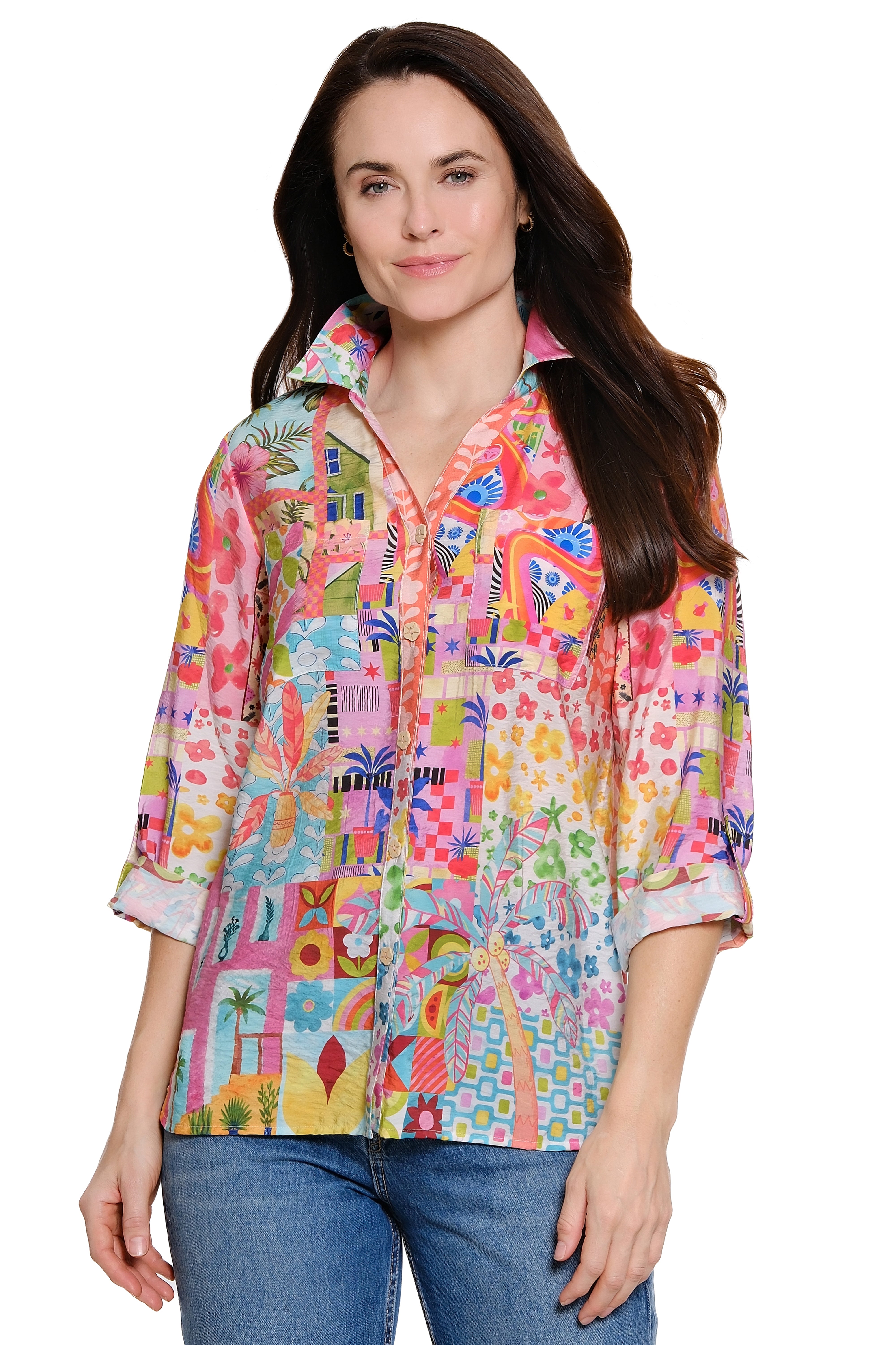 Woven Button Front Shirt with Roll Tab Sleeves - Plus - Pink Print