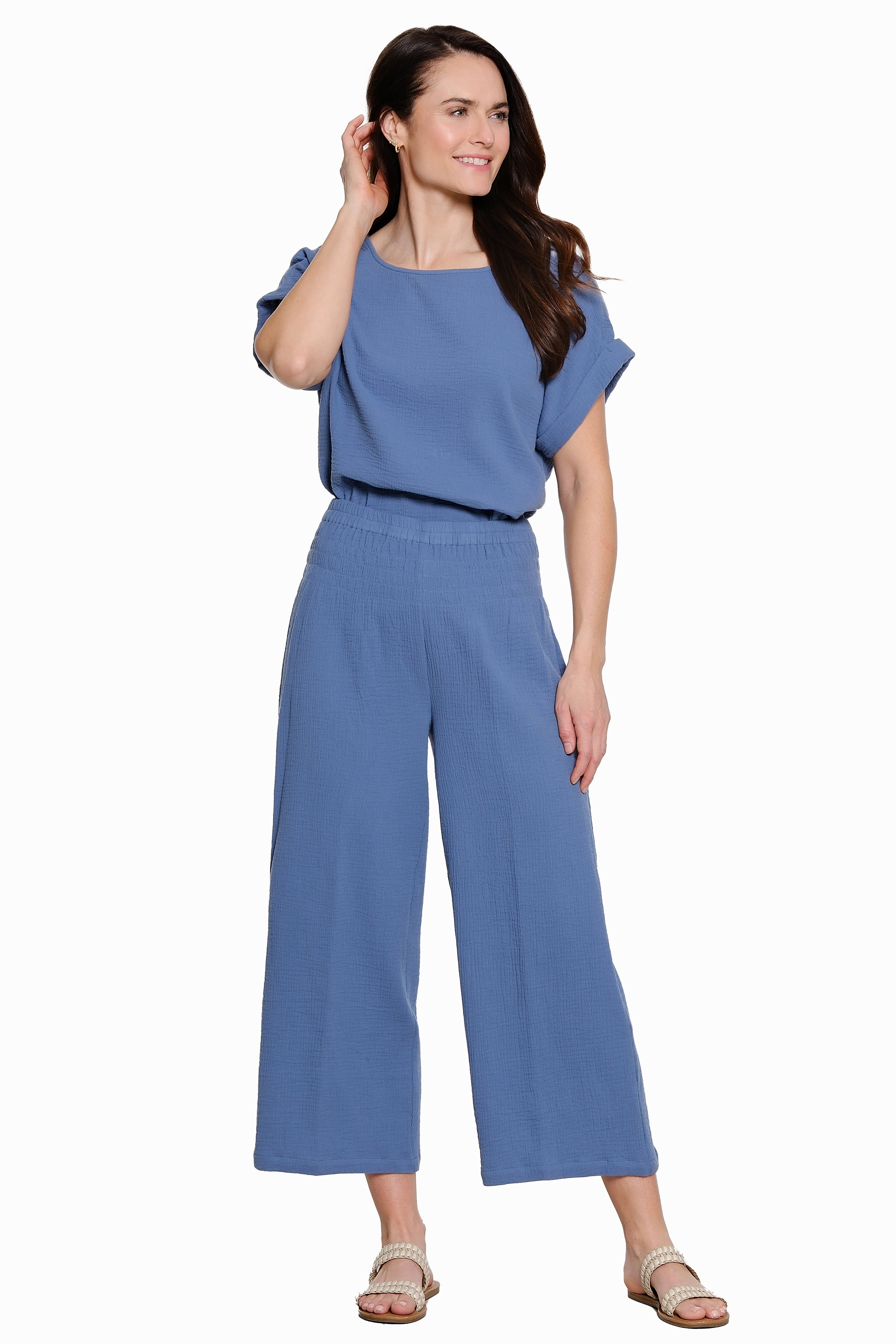 Cotton Wide Leg Pull-On Pant - Blue/Grey