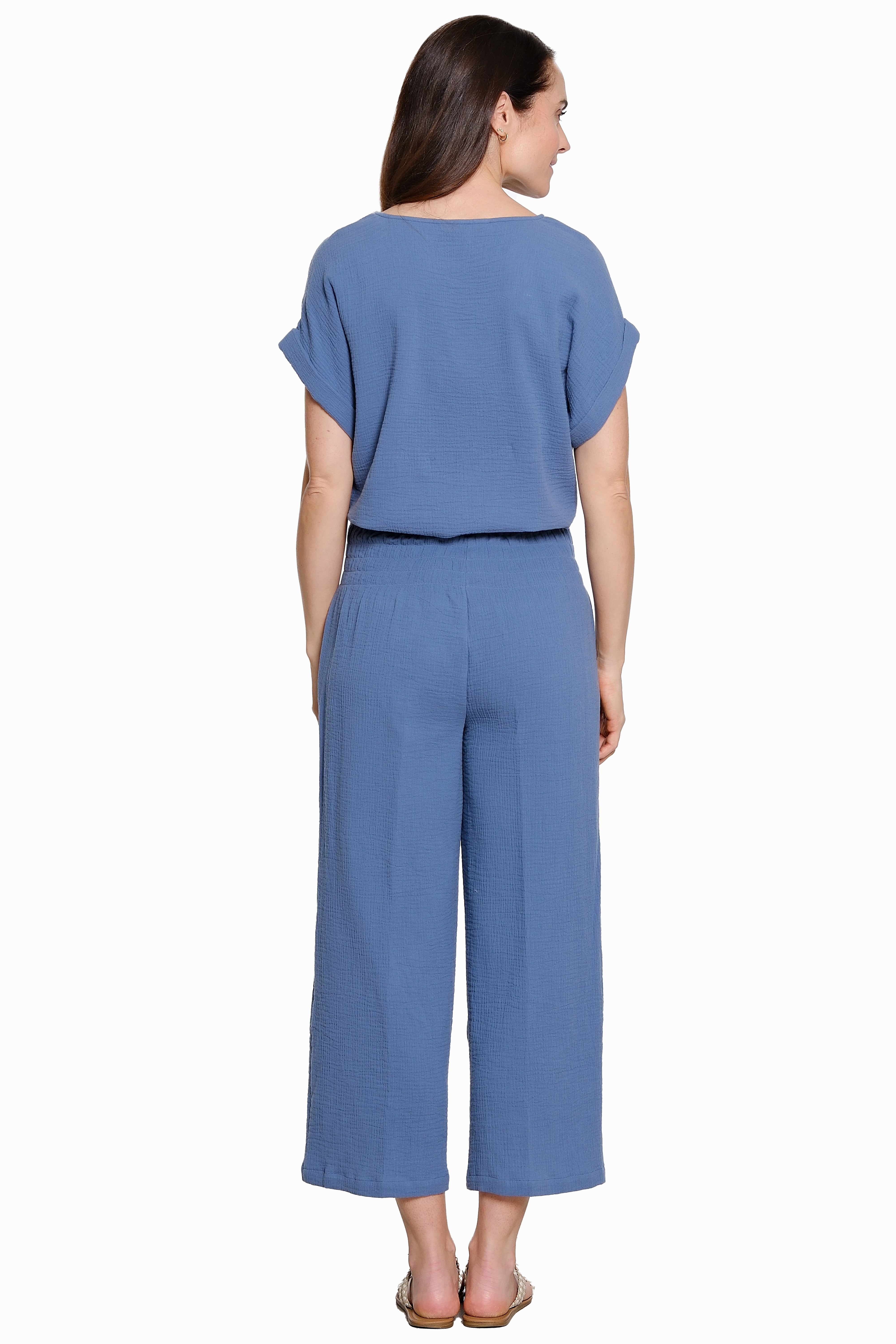 Cotton Wide Leg Pull-On Pant - Blue/Grey