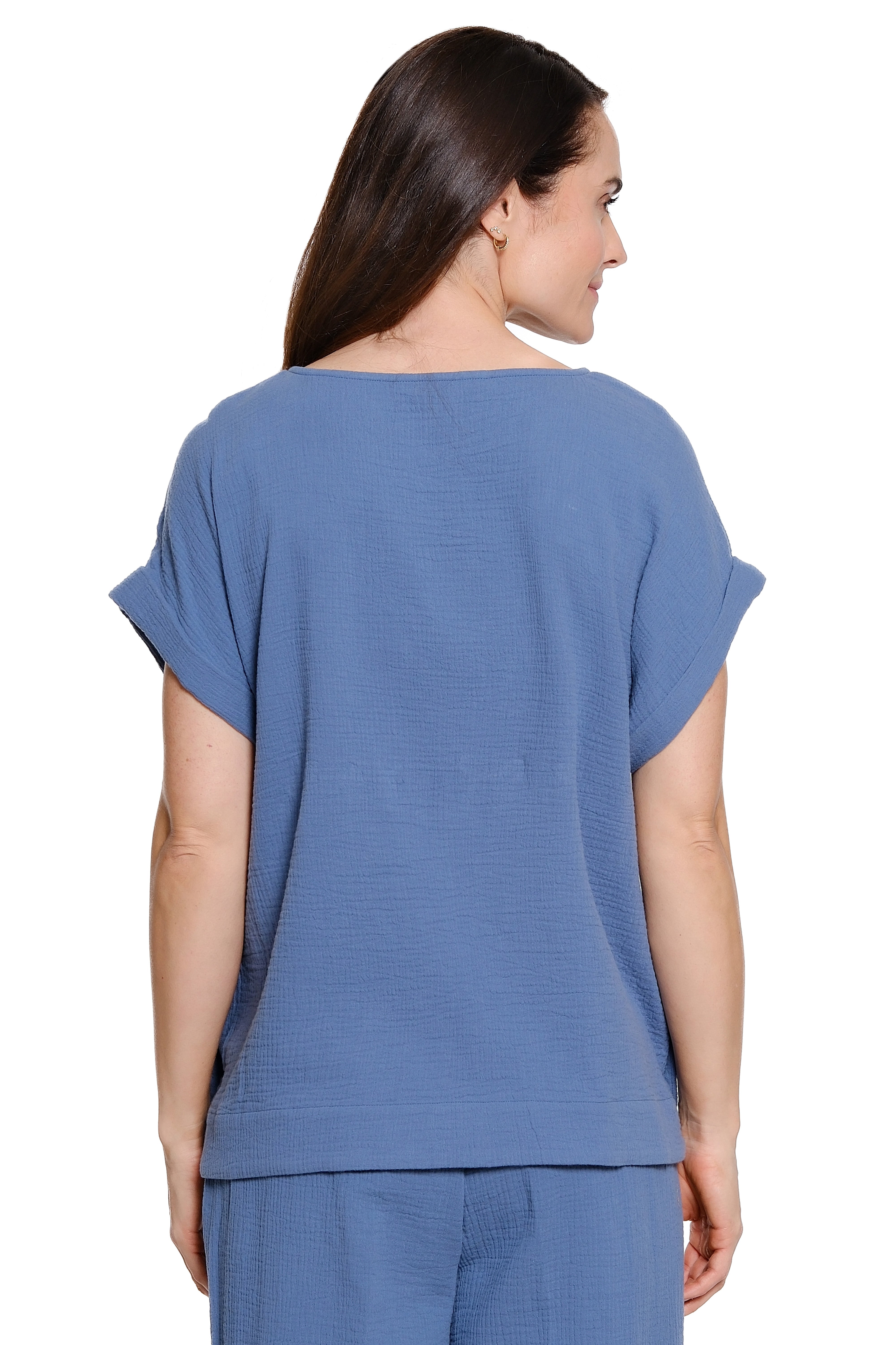 Woven Pop-Over Top with Button Detail - Blue/Grey