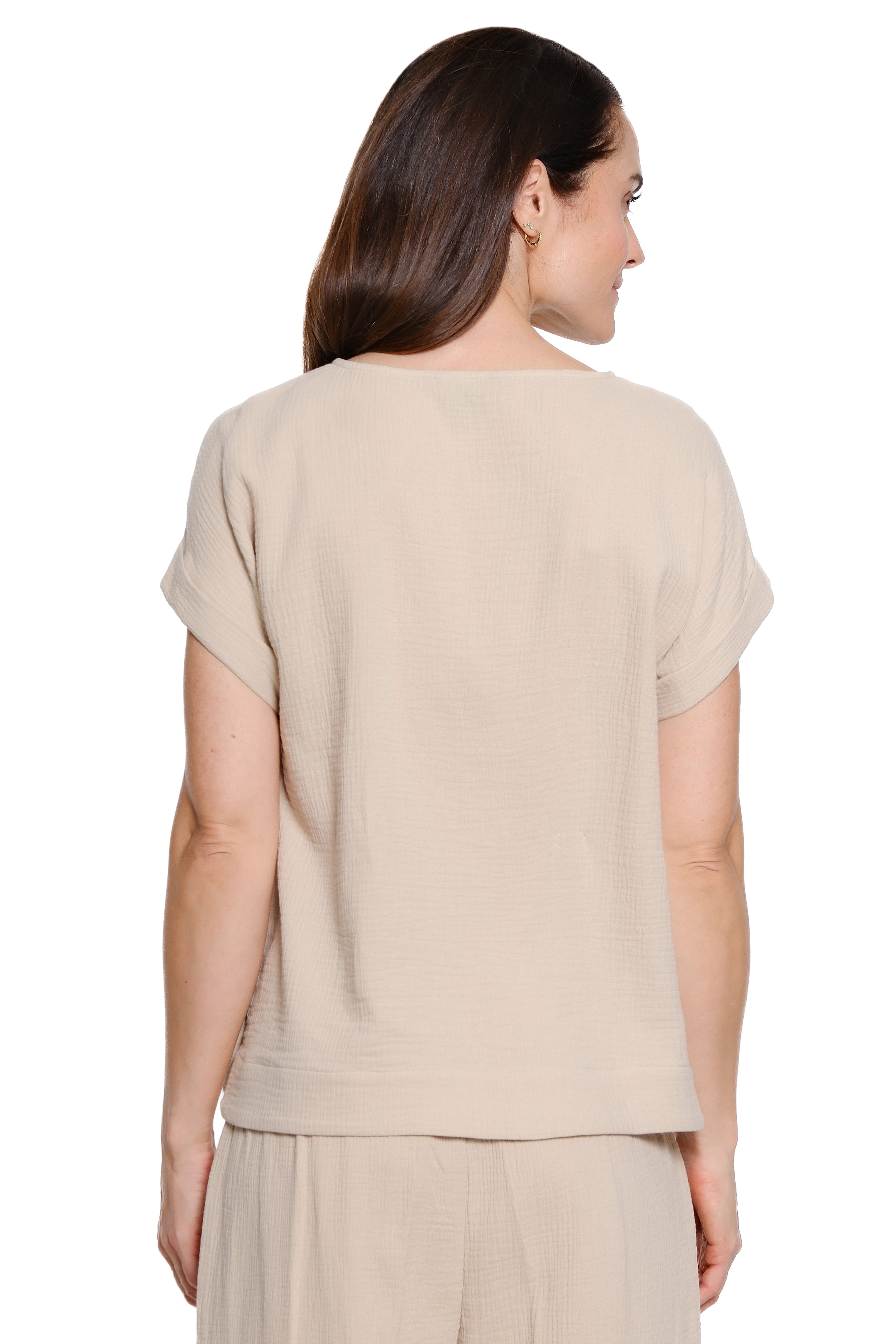 Woven Pop-Over Top with Button Detail - Khaki