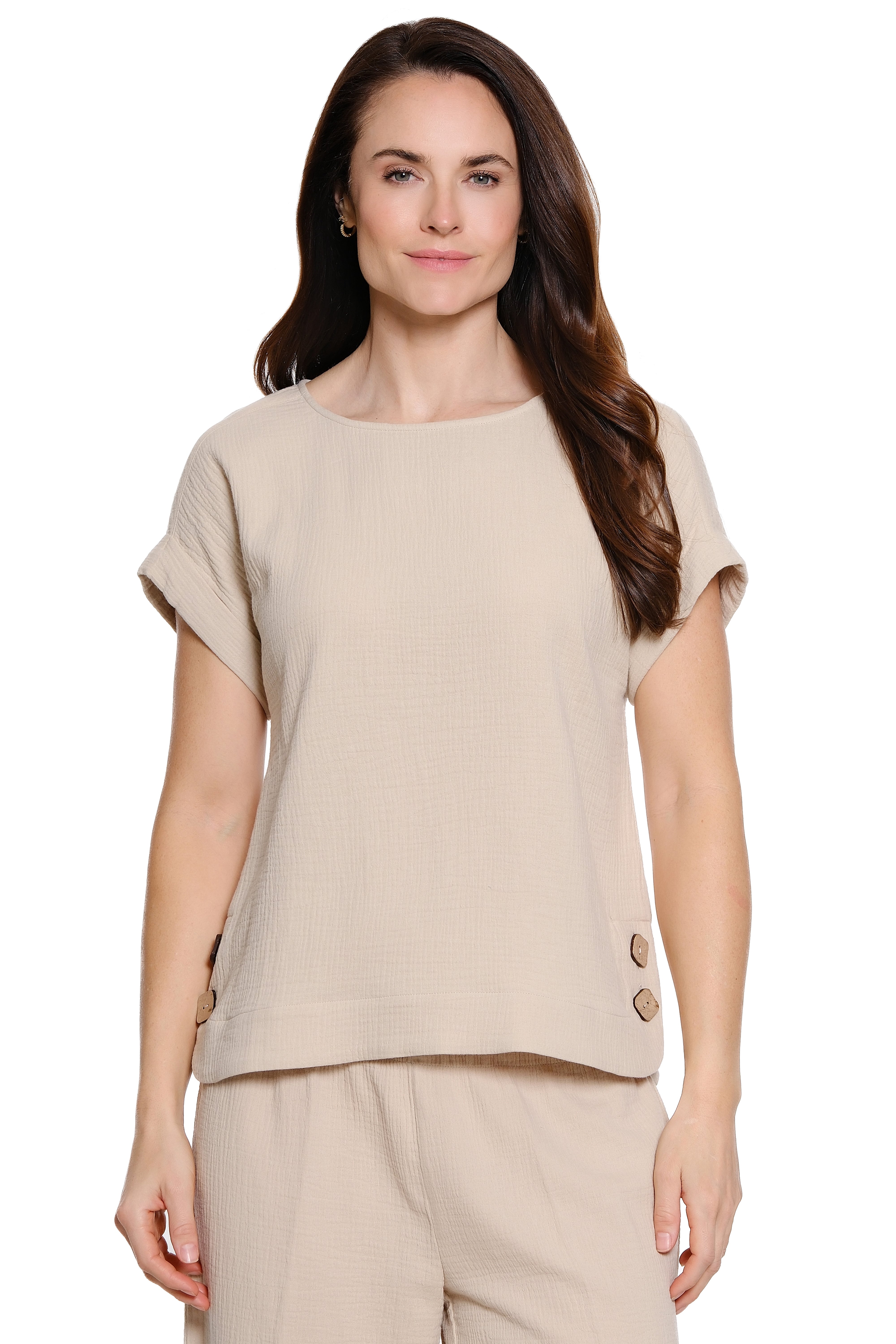 Woven Pop-Over Top with Button Detail - Khaki