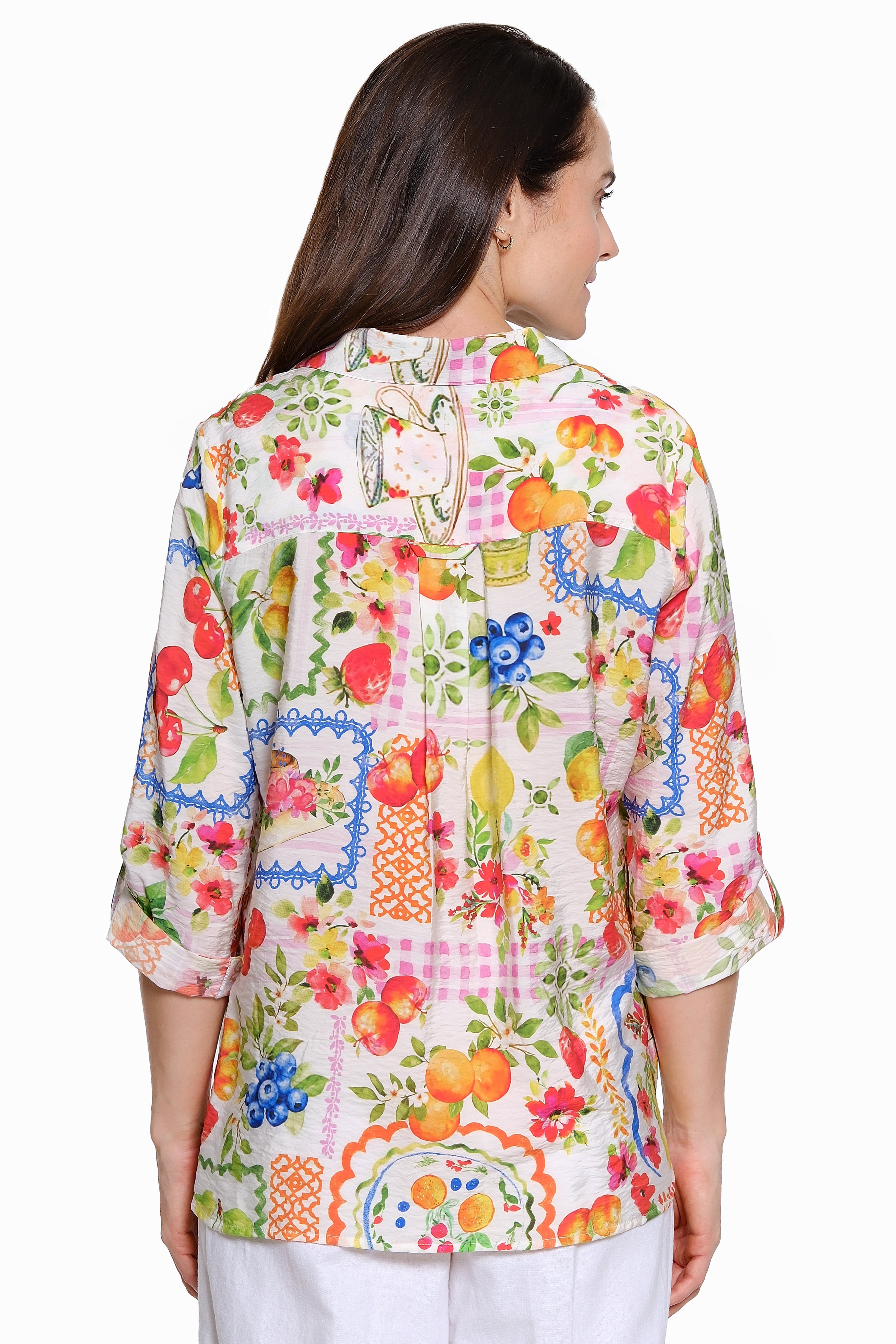 Button Front Shirt with Roll Tab Sleeves - Petite - Multi