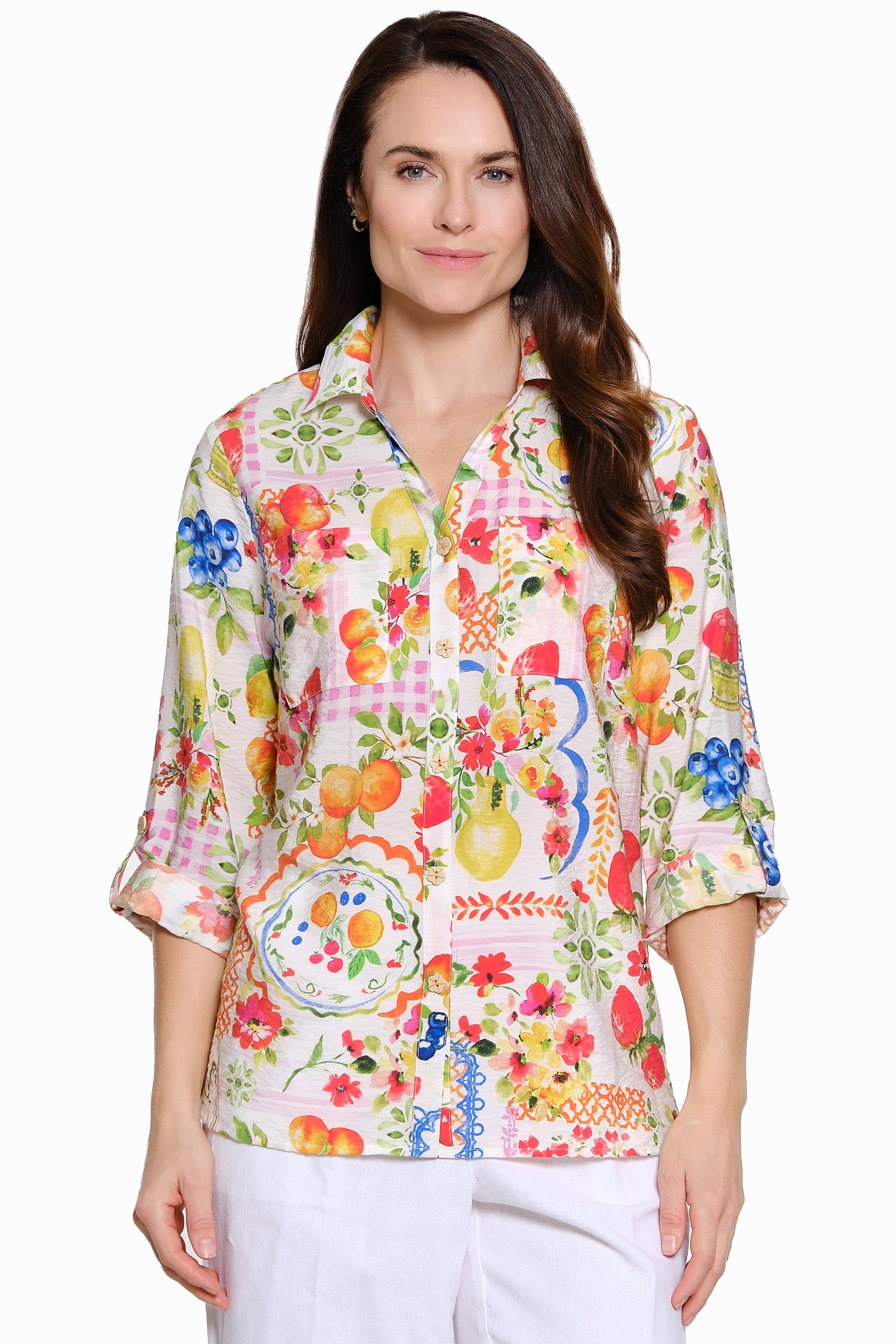 Button Front Shirt with Roll Tab Sleeves - Plus - Multi