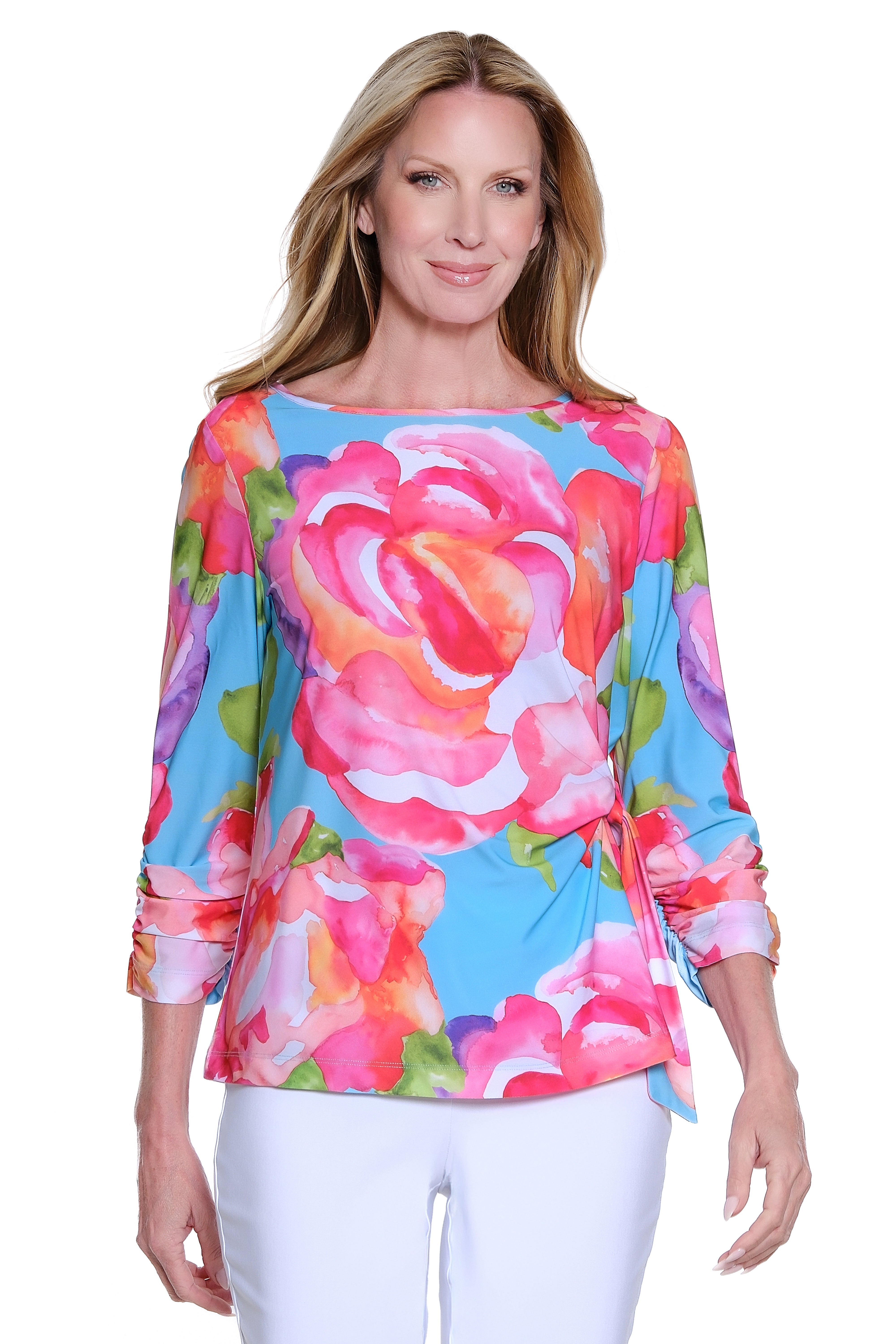 Knit Pop-Over Top with Tie Front Detail - Plus - Floral Multi
