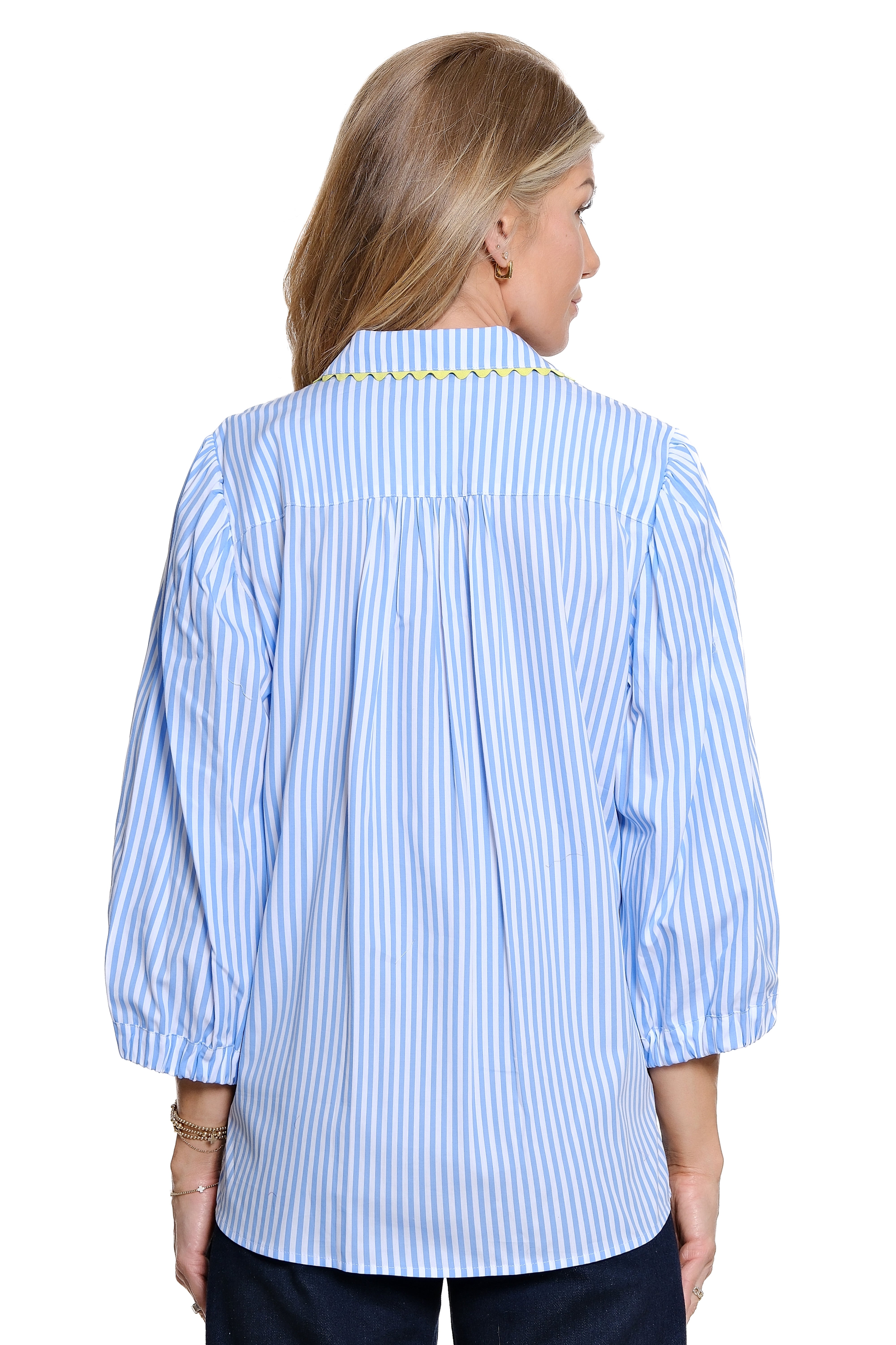 Button Front Shirt with Rick Rack Trim - Petite - Blue Stripe