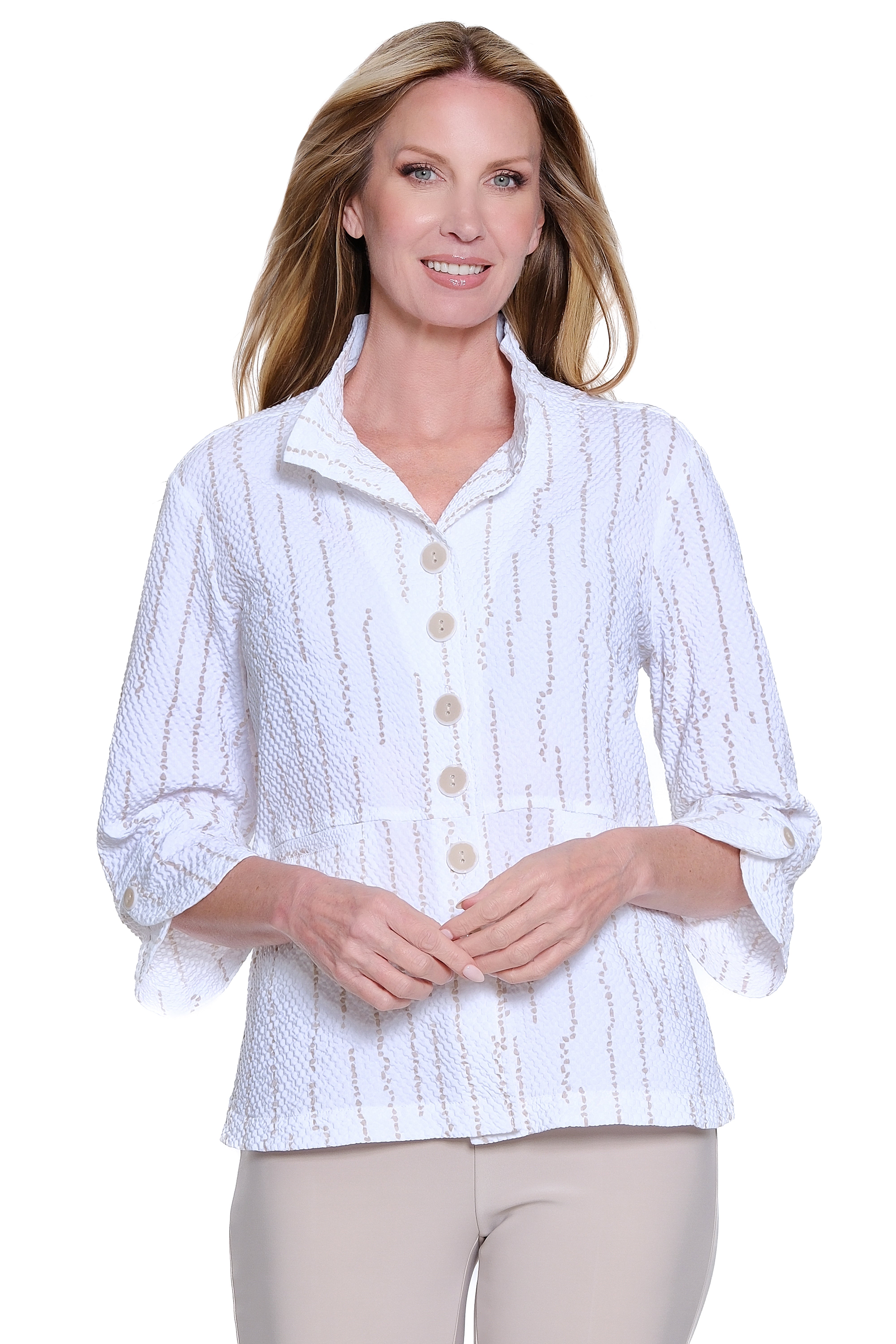 Rayon Blend Button Front Shirt with Wire Collar - Petite - Khaki