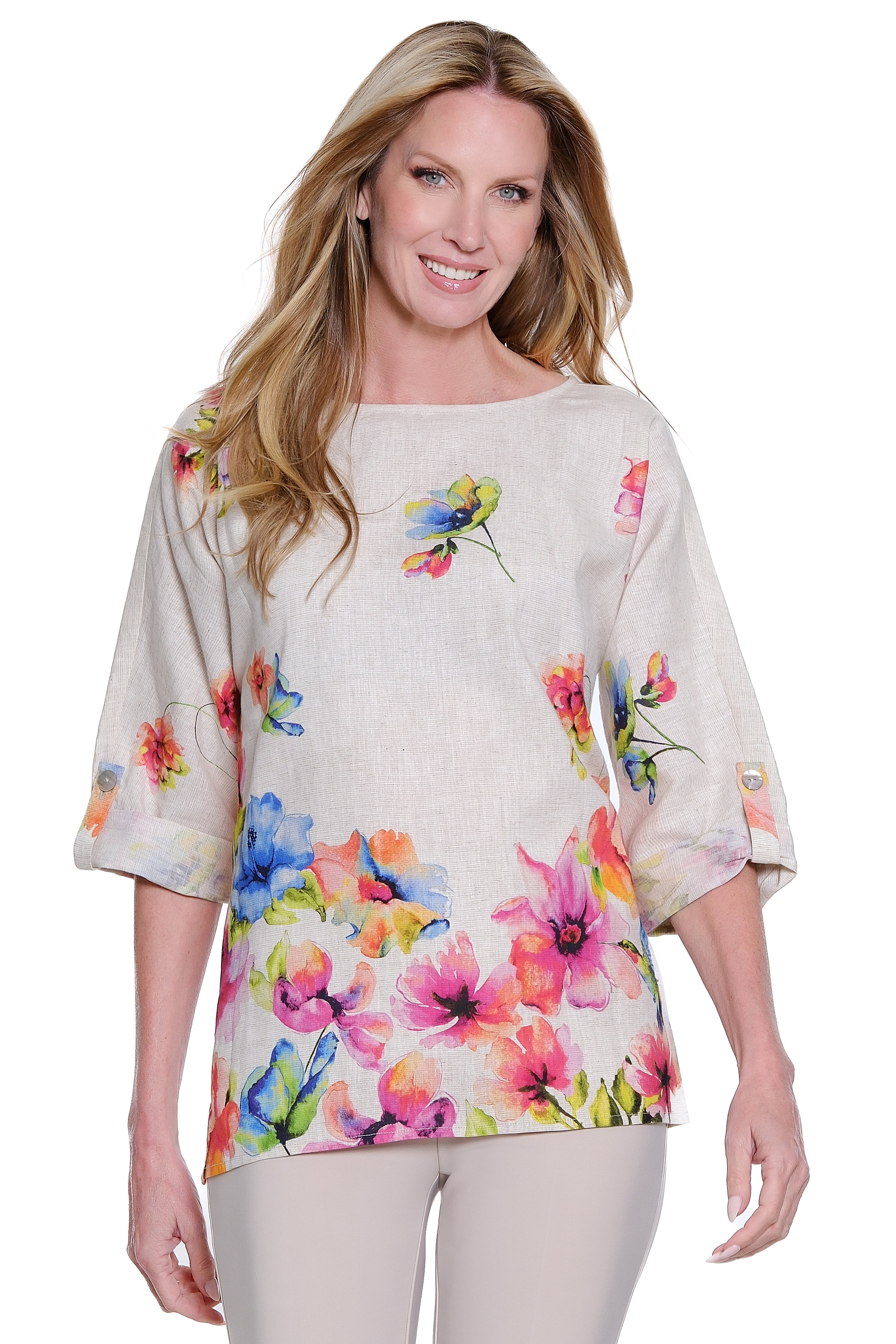 Woven Pop-Over Top with Roll Tab Sleeves - Flora Multi