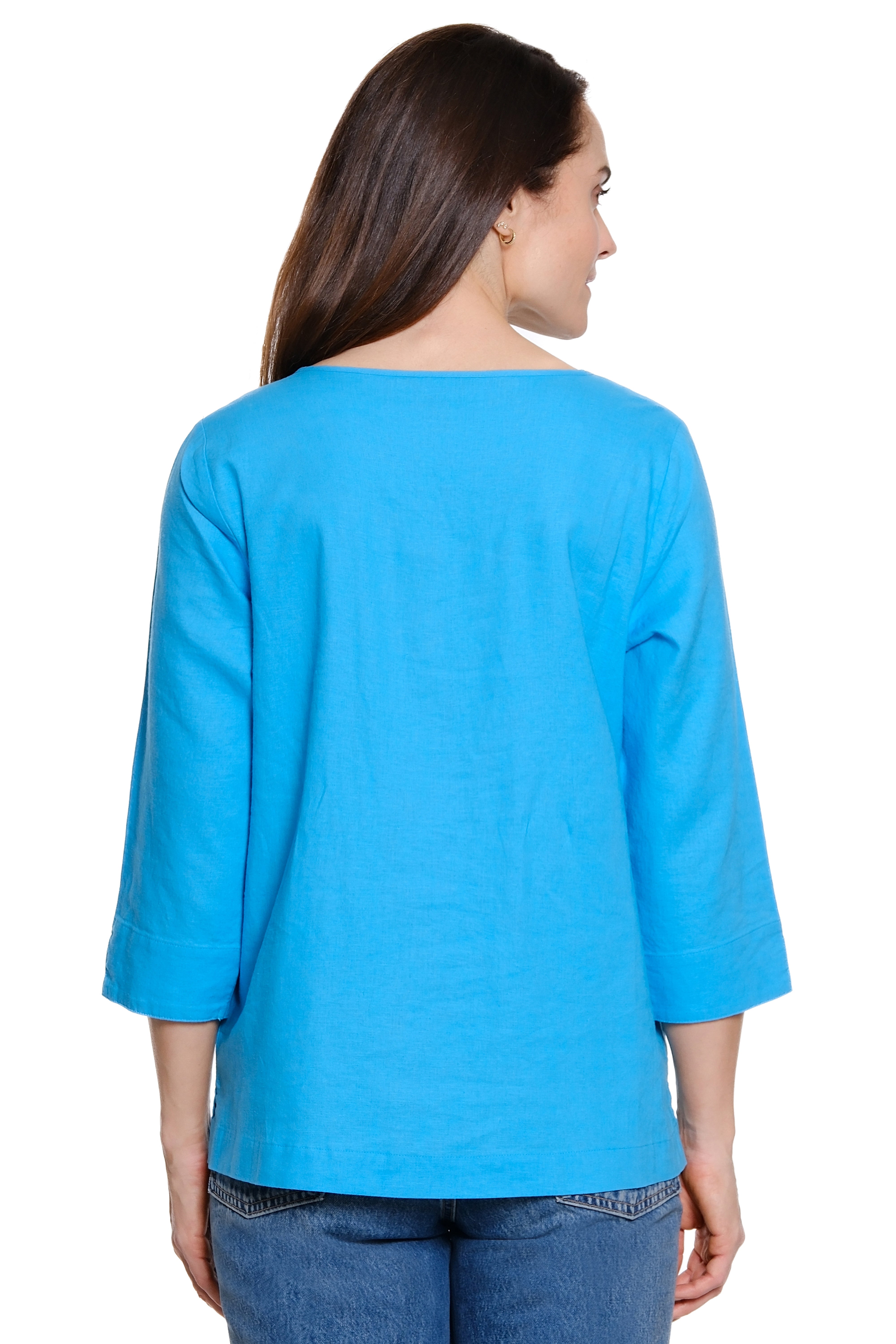 Woven Pop-Over Top with Button Detail - Soft Aqua