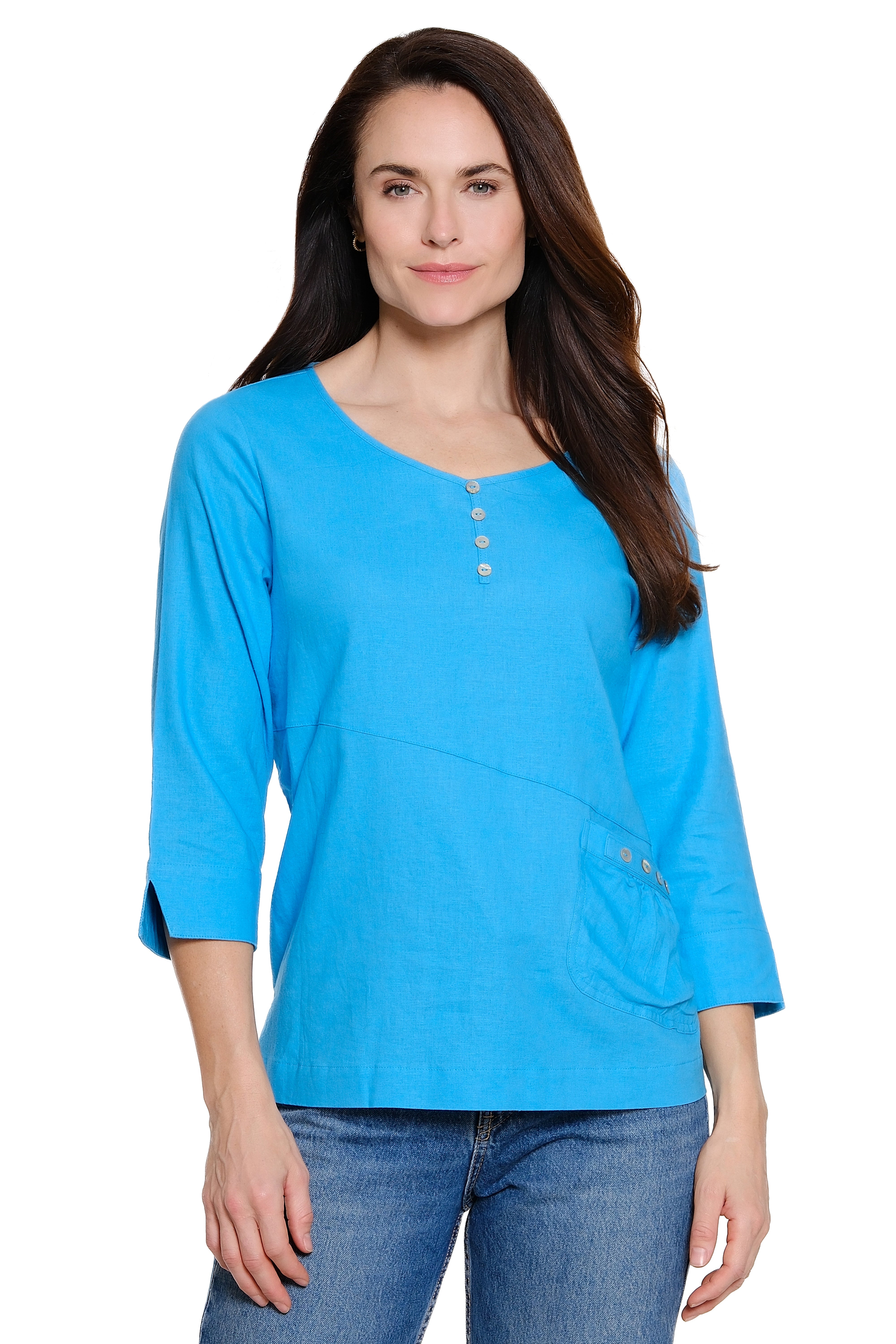Woven Pop-Over Top with Button Detail - Soft Aqua