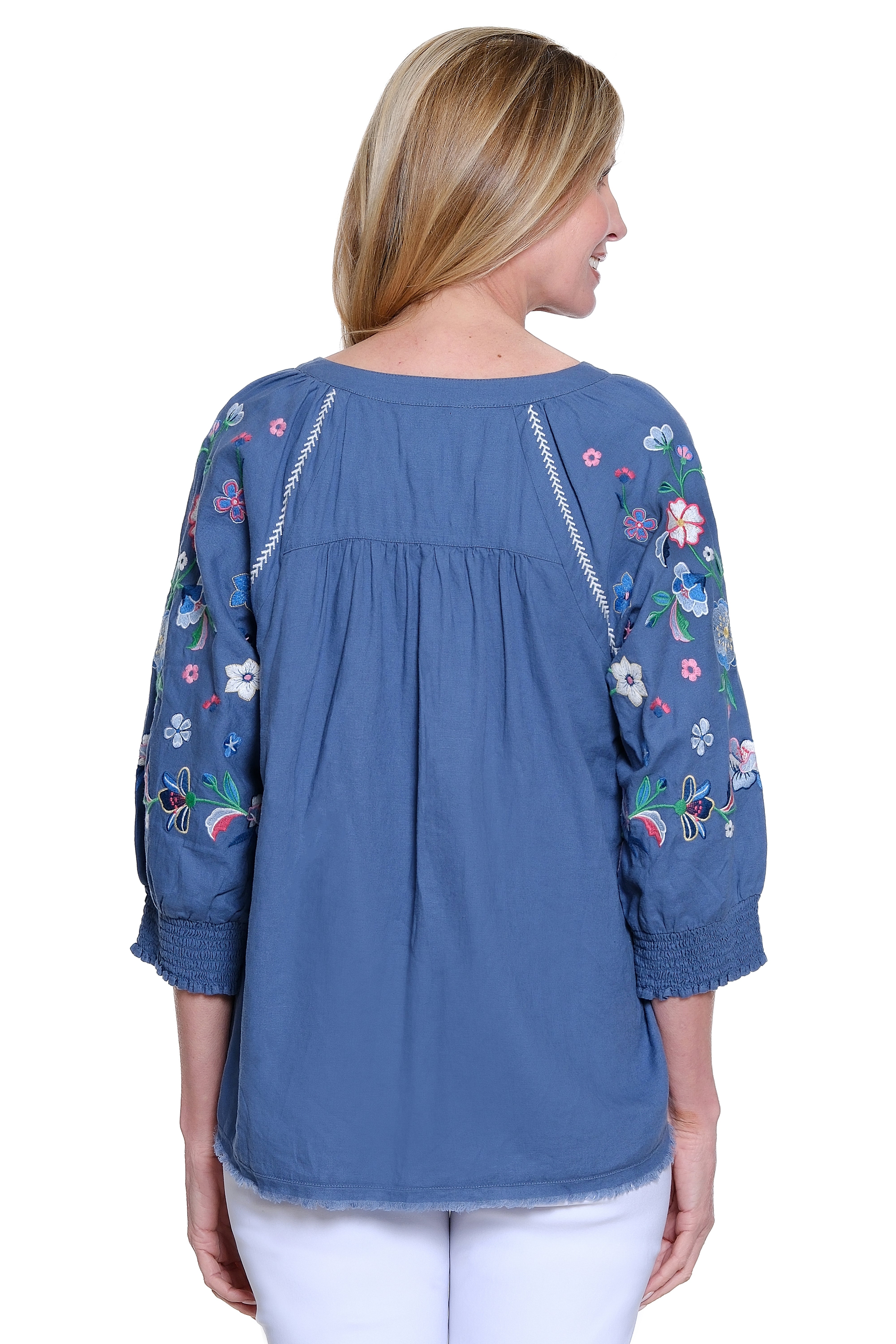 Woven Pop-Over Top with Embroidered Cuffs - Blue