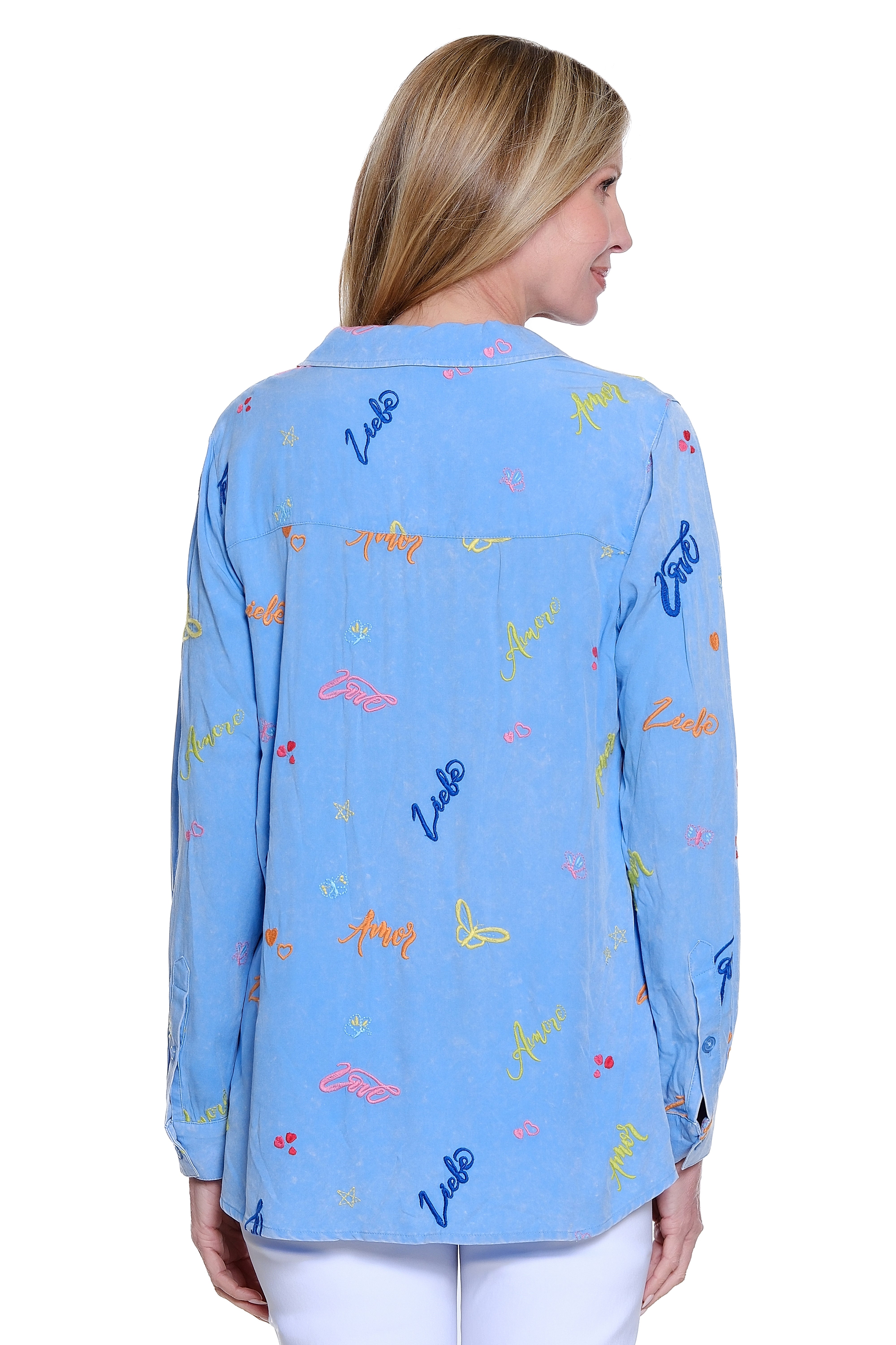 Rayon Embroidered Button Front Shirt - Blue Mist