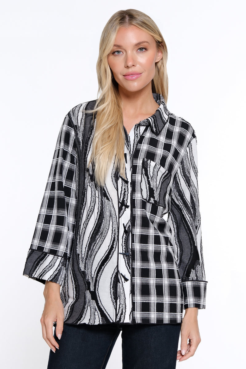 Mixed Knit Button Front Tunic - Black/White