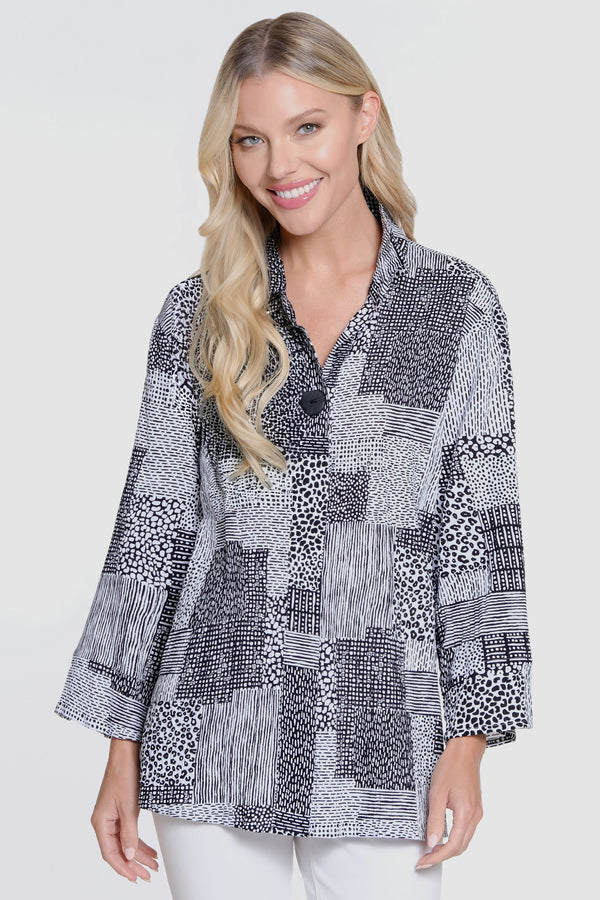 Woven Button Front Tunic - Black/White