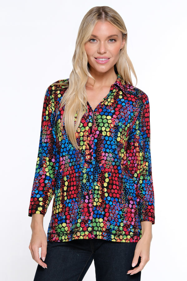 Print Button Front Tunic - Petite - Tile Multi