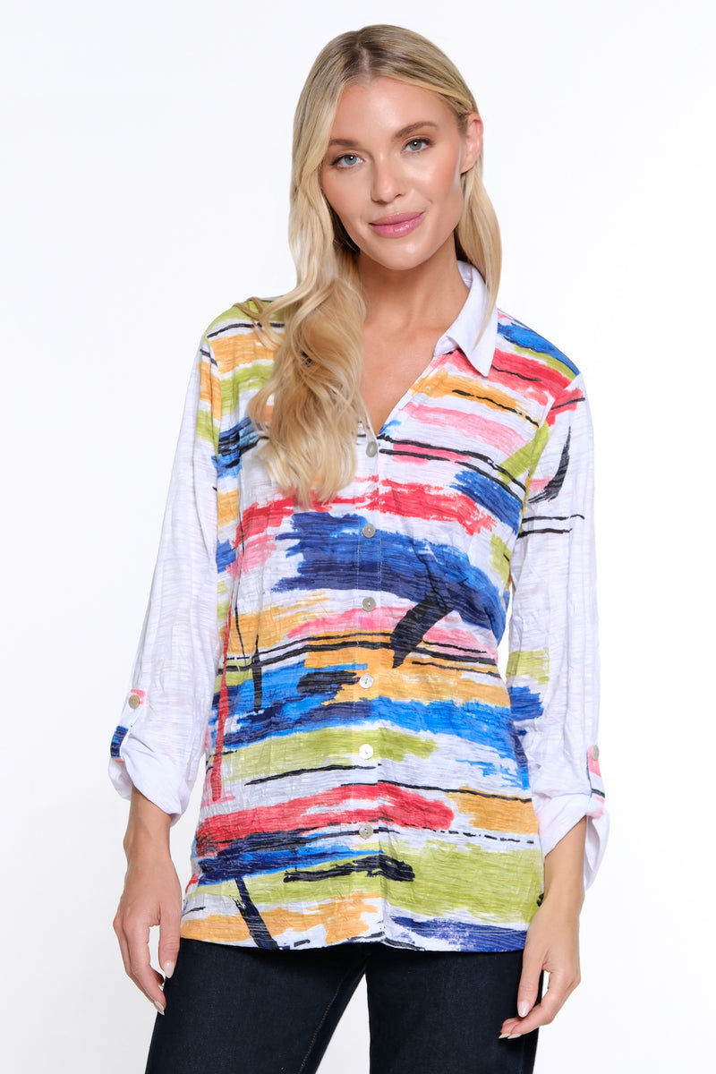 Crinkle Knit Button Down Tunic - Petite - Multicolor