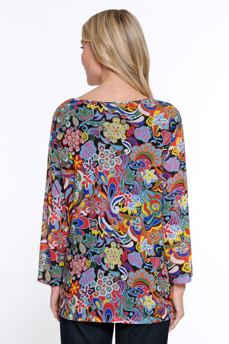 V-Neck Mesh Knit Top - Floral Multi