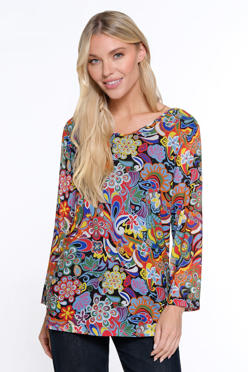 V-Neck Mesh Knit Top - Petite - Floral Multi