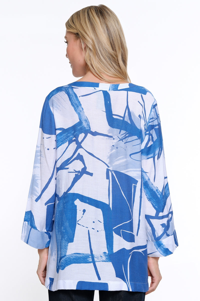 Printed Button Front Tunic - Petite - White/Blue