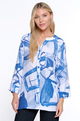 Printed Button Front Tunic - Petite - White/Blue