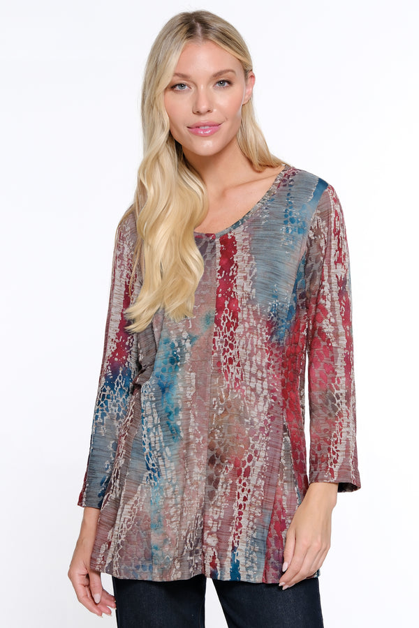 Printed Woven Burnout Button Front Tunic - Petite - Multi