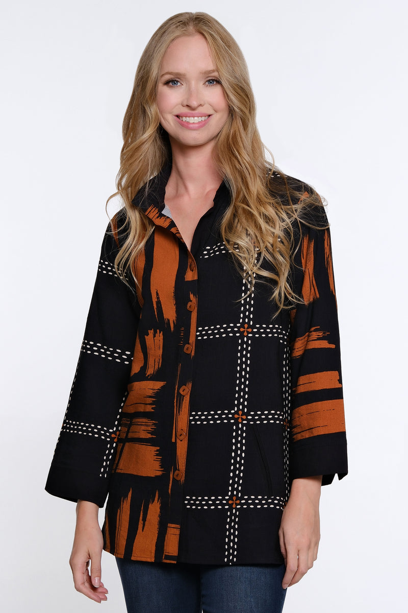 Mixed Print Woven Button Front Blouse - Women's - Black