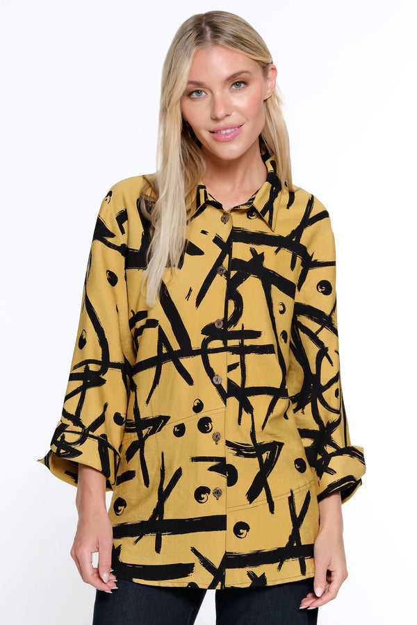 Printed Woven Button Front Blouse - Petite - Gold