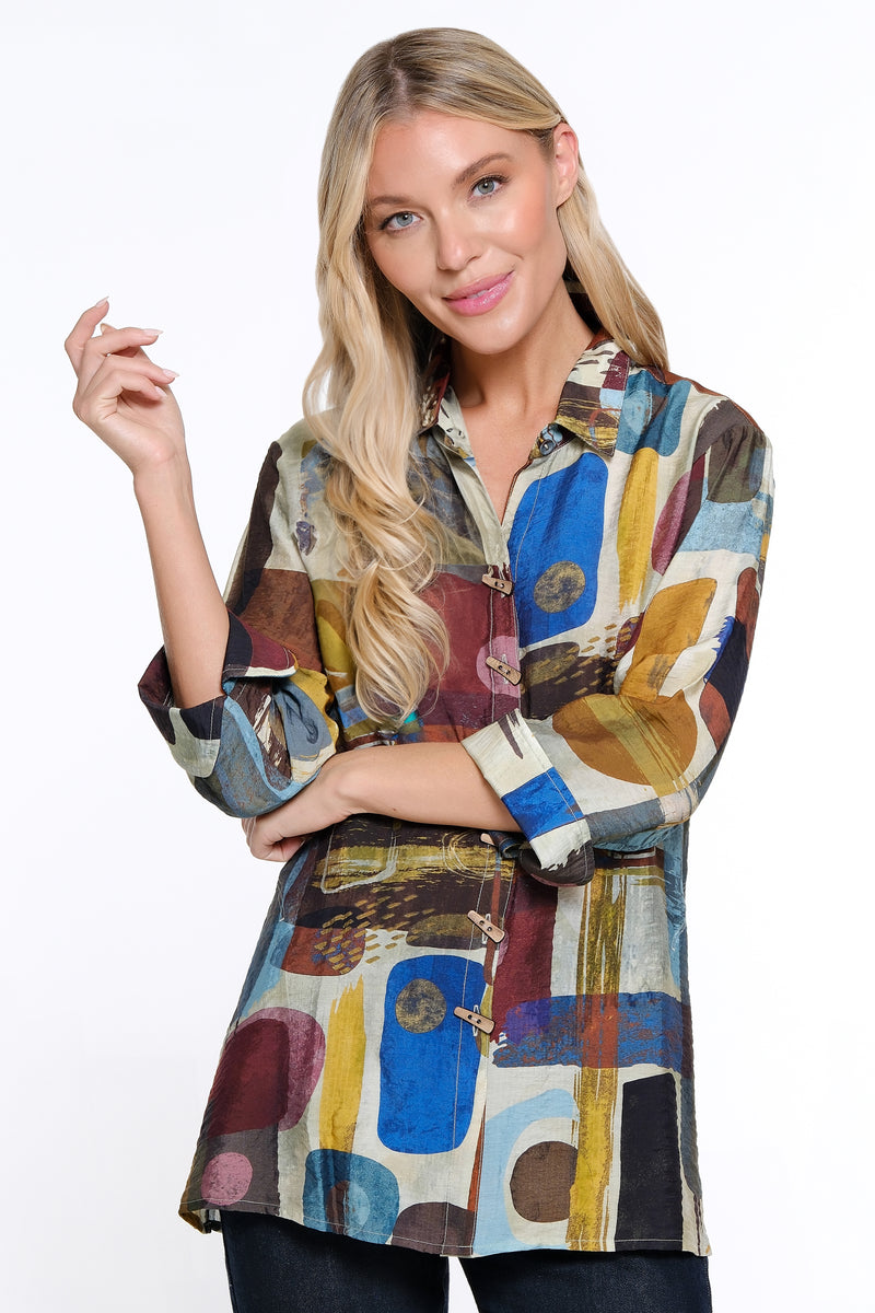 Printed Woven Button Front Blouse - Petite - Abstract Multi