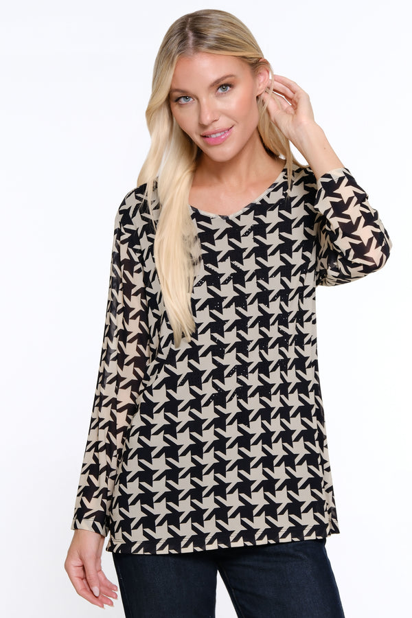 Printed Knit Mesh V-Neck Tunic - Black/Ivory