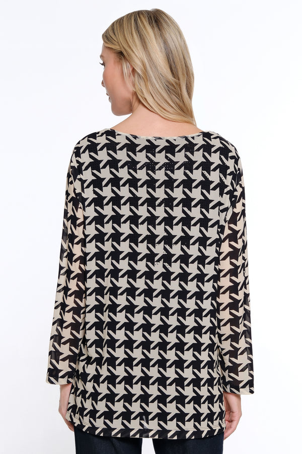 Printed Knit Mesh V-Neck Tunic - Black/Ivory