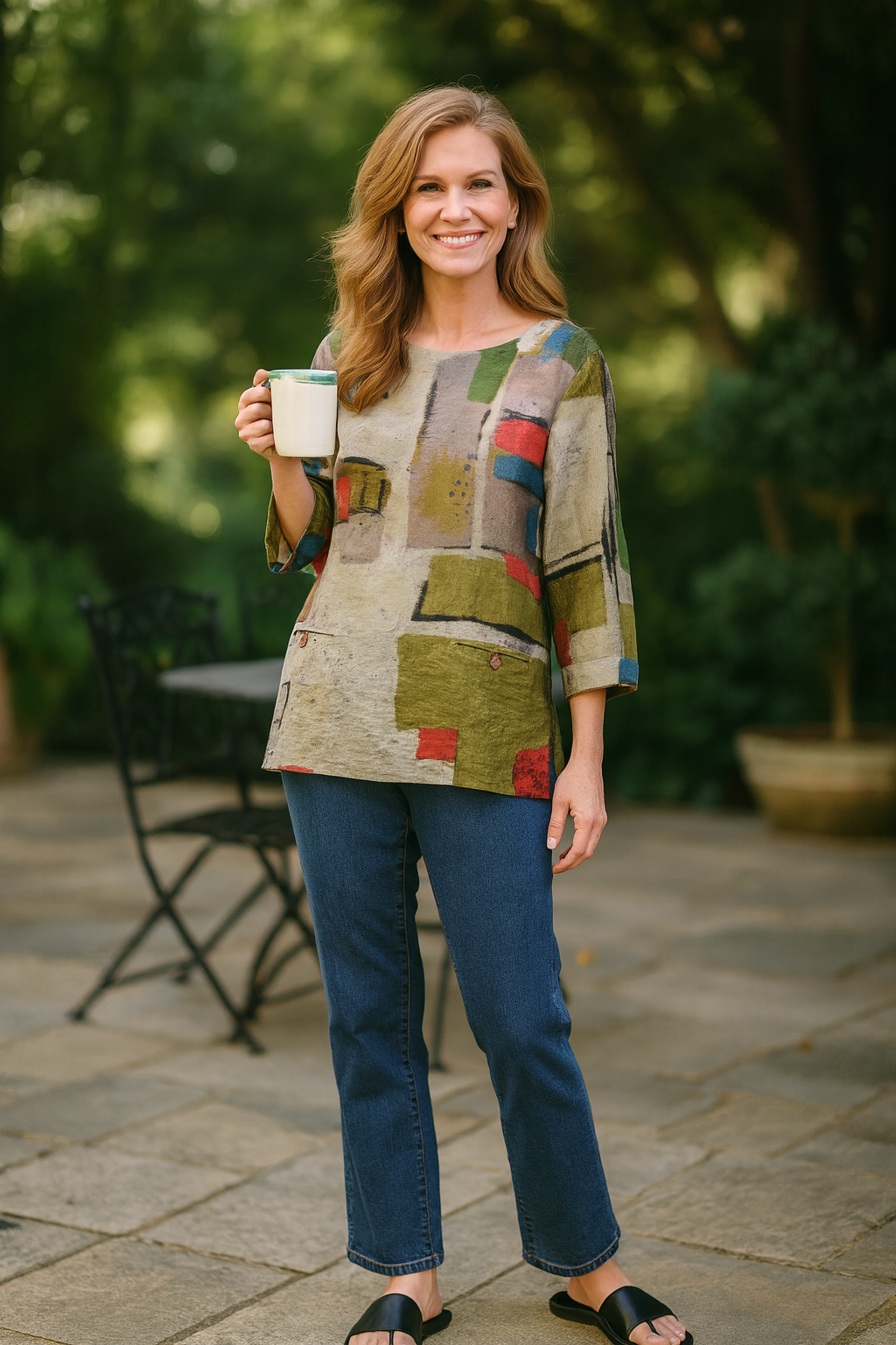 Woven Popover Tunic with Pockets - Abstract Multi