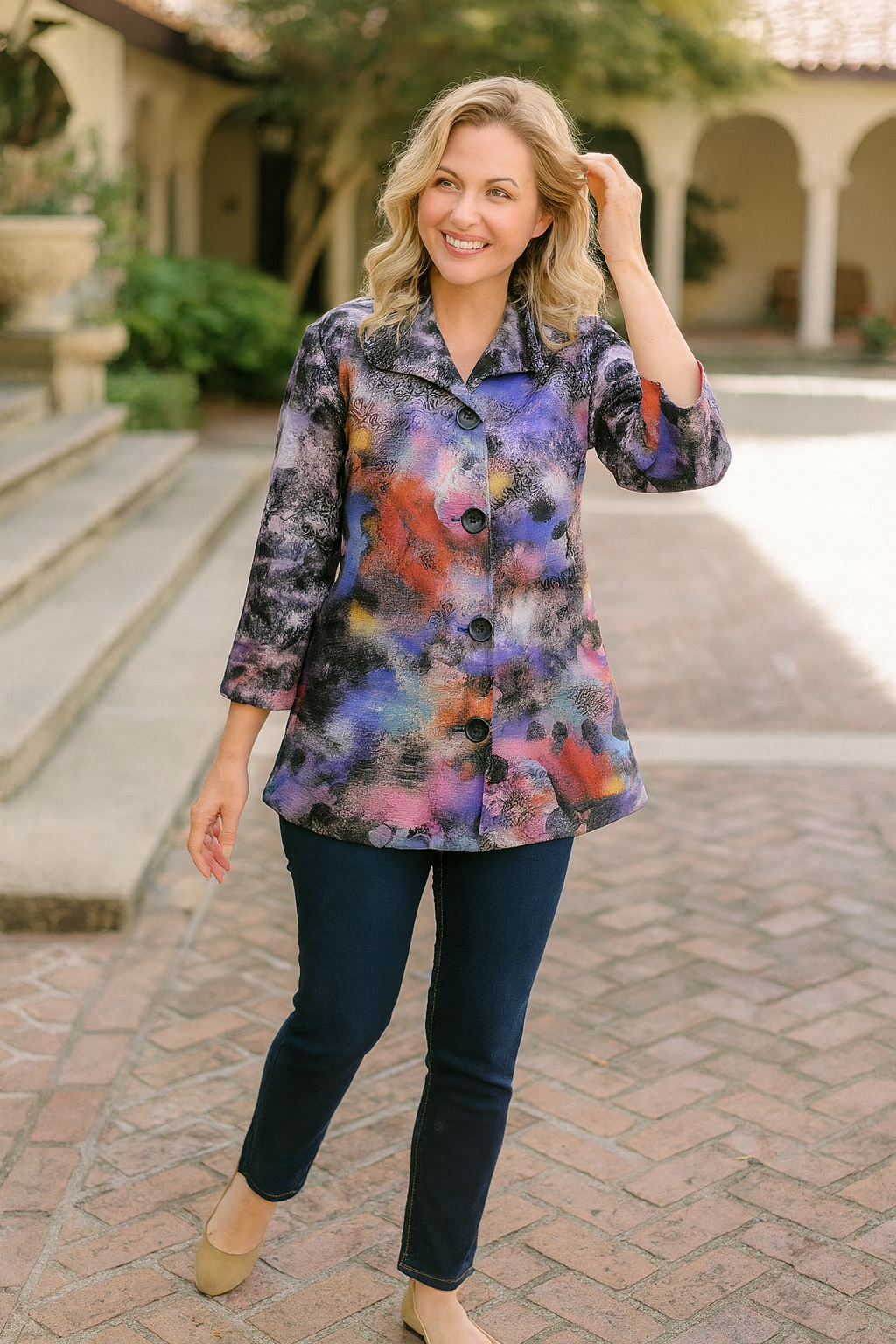 Woven Jacket with Wire Collar - Petite - Abstract Multi