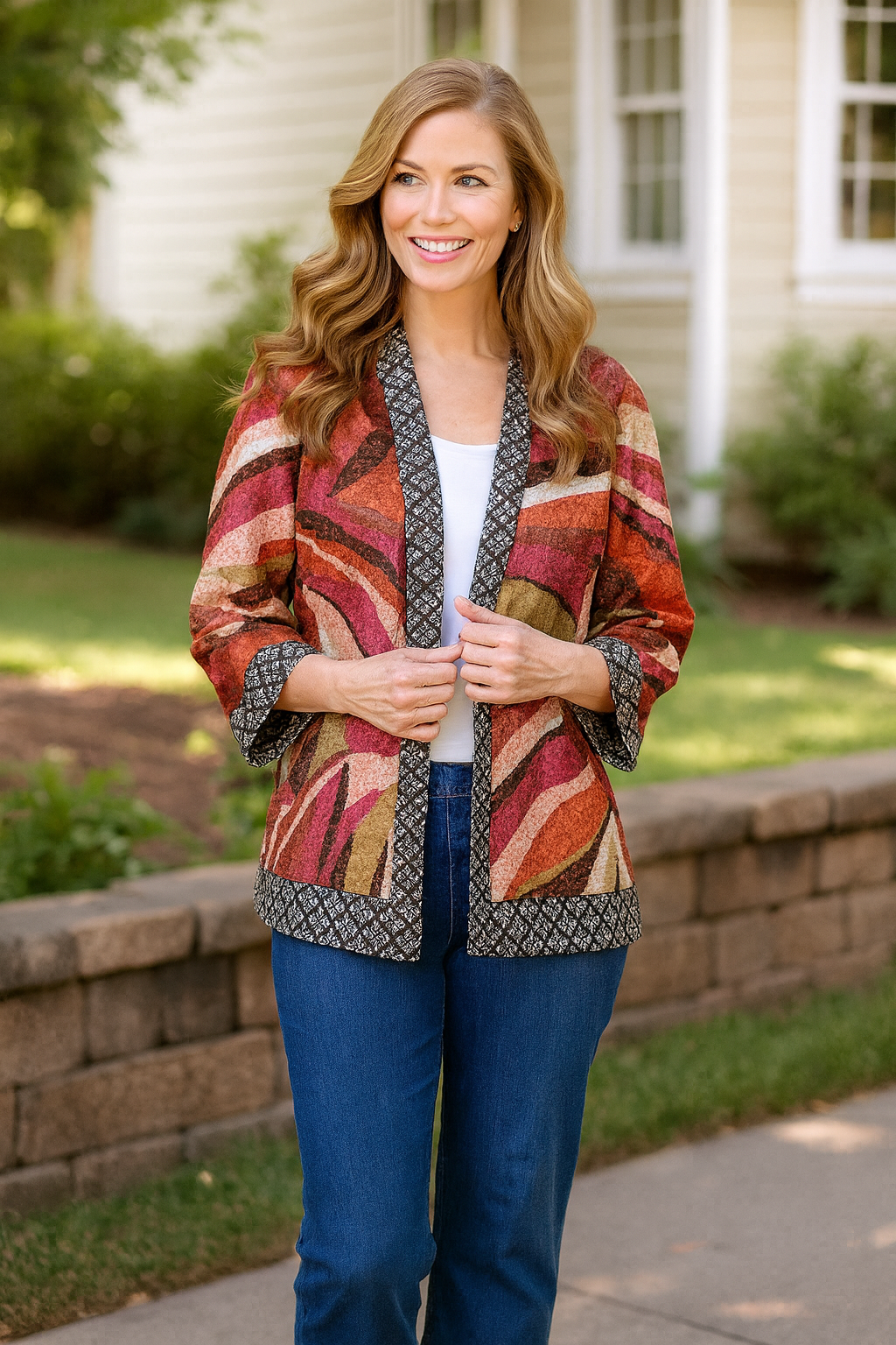 Reversible Textured Woven Kimono Jacket - Plus - Pink Print